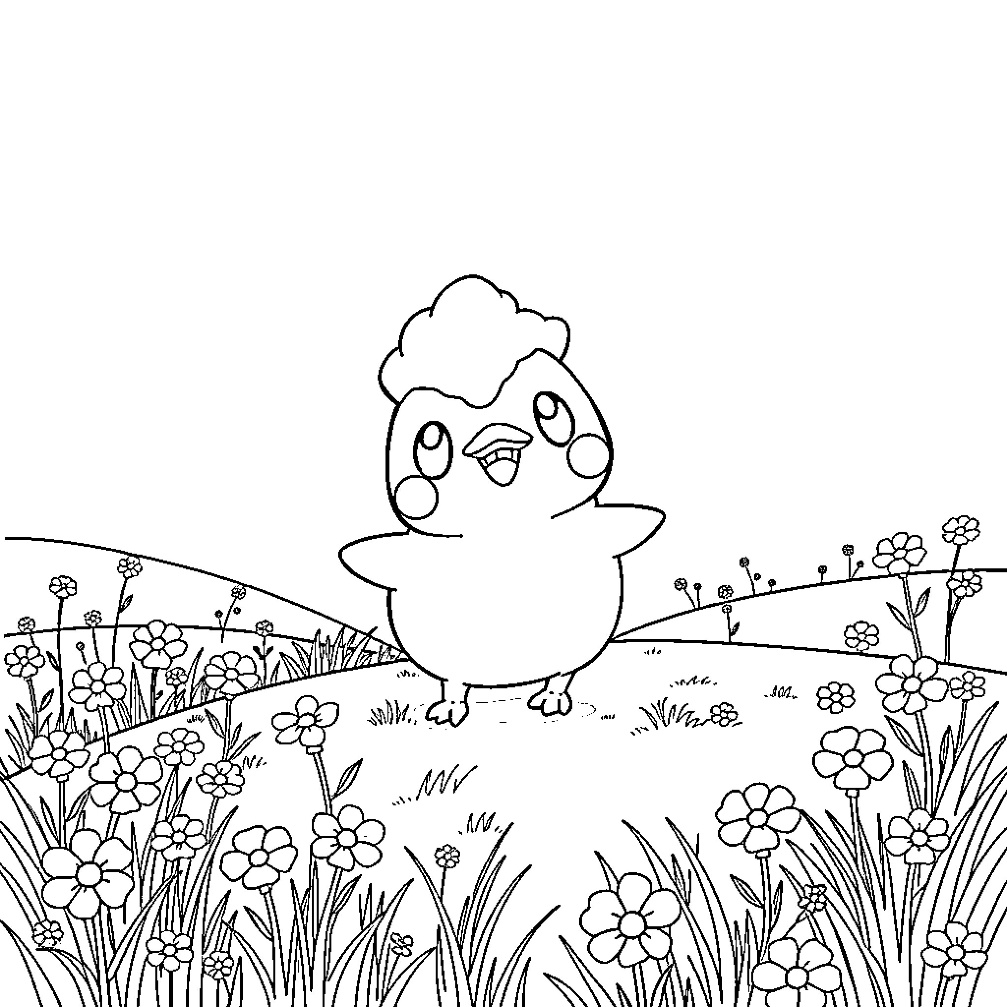 Pokémon Chick in Floral Garden Coloring Page (free black-and-white line drawing printable PDF for all, from beginners to advanced learners, including children, teens, adults, and seniors)