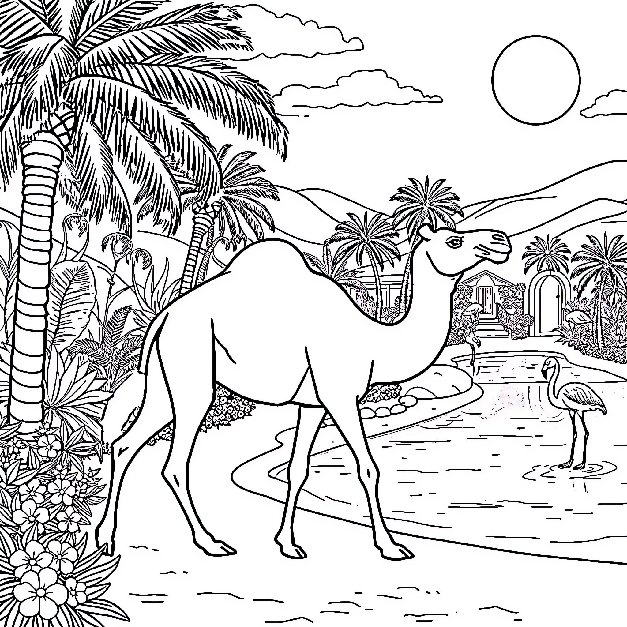 Camel strolling through scenic desert oasis Coloring Page (free black-and-white line drawing printable PDF for all, from beginners to advanced learners, including children, teens, adults, and seniors)