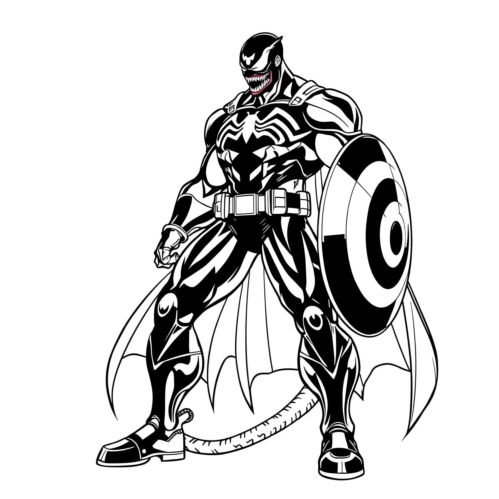 Captain Venom in action-packed pose Coloring Page (free black-and-white line drawing printable PDF for all, from beginners to advanced learners, including children, teens, adults, and seniors)