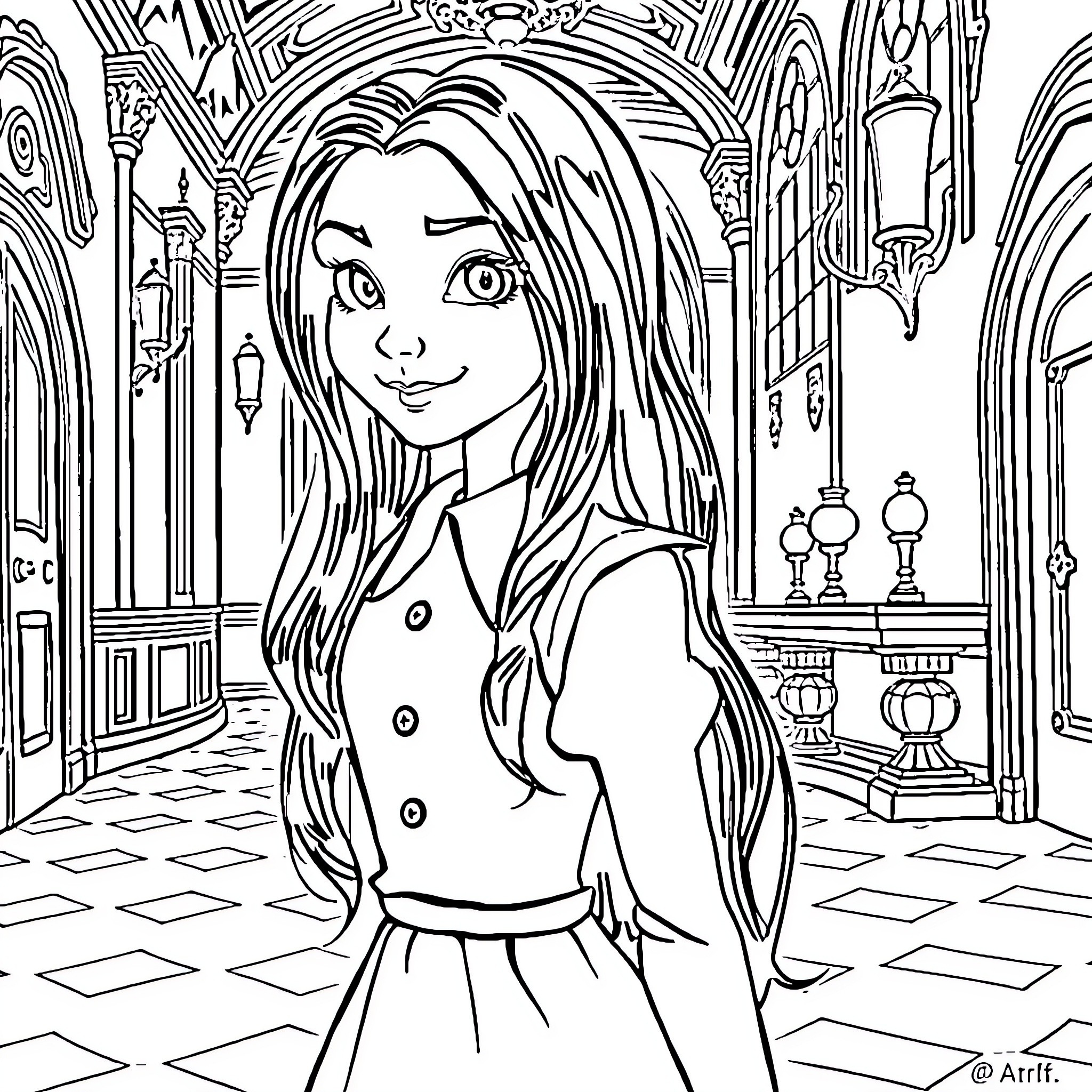 Merlina's Elegant Adventure in the Enchanted Castle Coloring Page (free black-and-white line drawing printable PDF for all, from beginners to advanced learners, including children, teens, adults, and seniors)