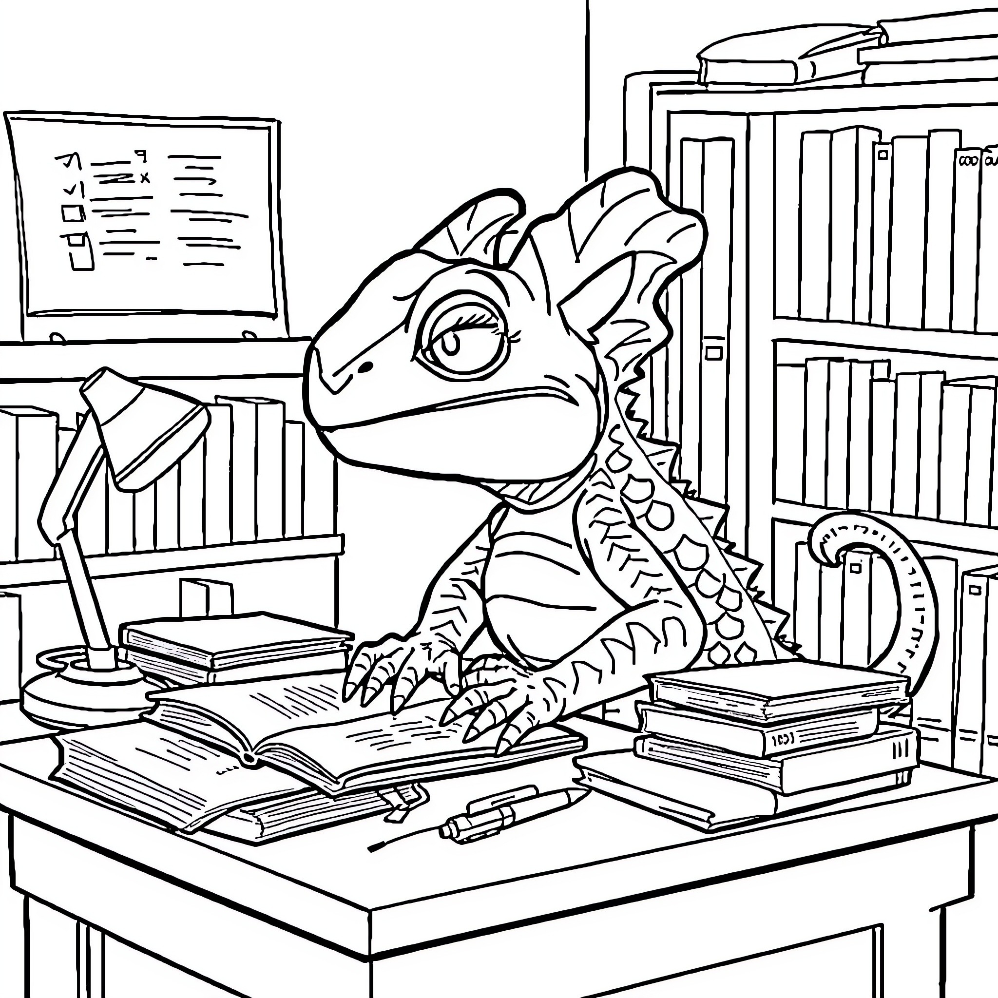 Charmeleon studying diligently in the library Coloring Page (free black-and-white line drawing printable PDF for all, from beginners to advanced learners, including children, teens, adults, and seniors)
