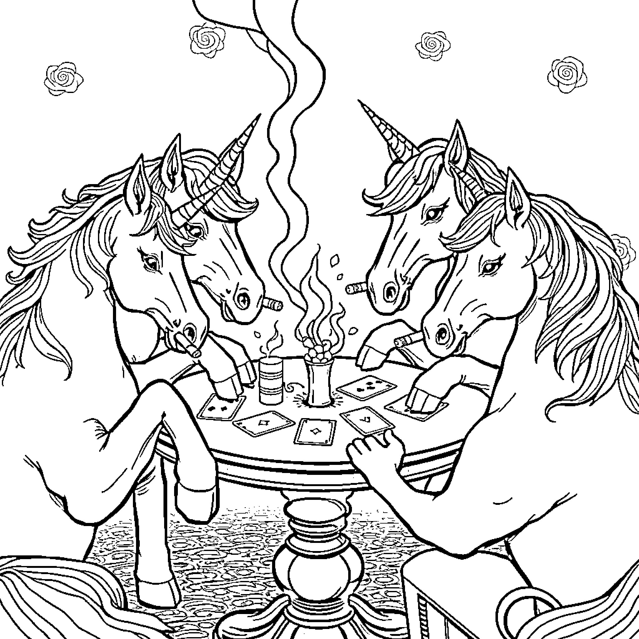Unicorns enjoying a magical tea party Coloring Page (free black-and-white line drawing printable PDF for all, from beginners to advanced learners, including children, teens, adults, and seniors)