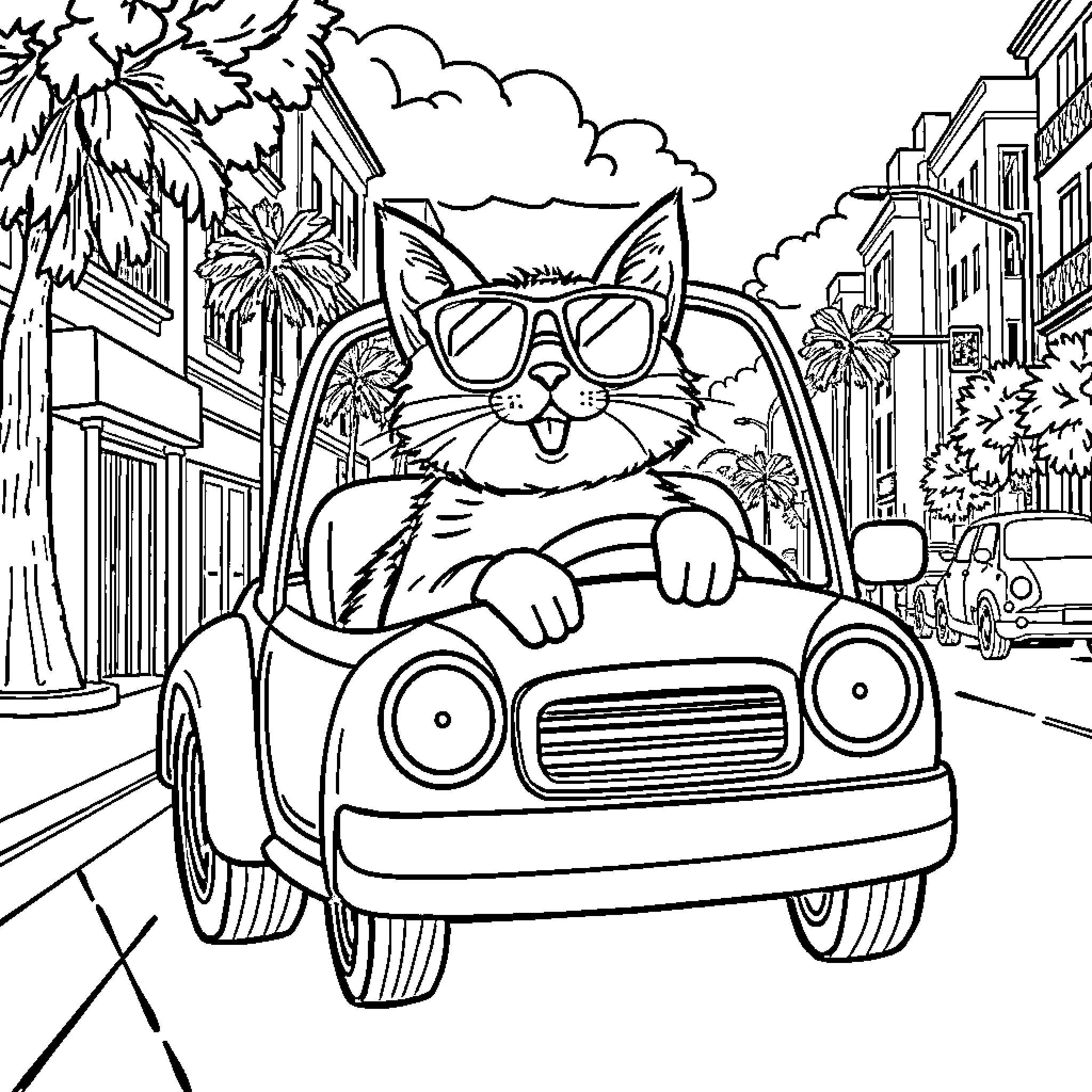 Cat Driving Coolly through Tropical City Coloring Page (free black-and-white line drawing printable PDF for all, from beginners to advanced learners, including children, teens, adults, and seniors)