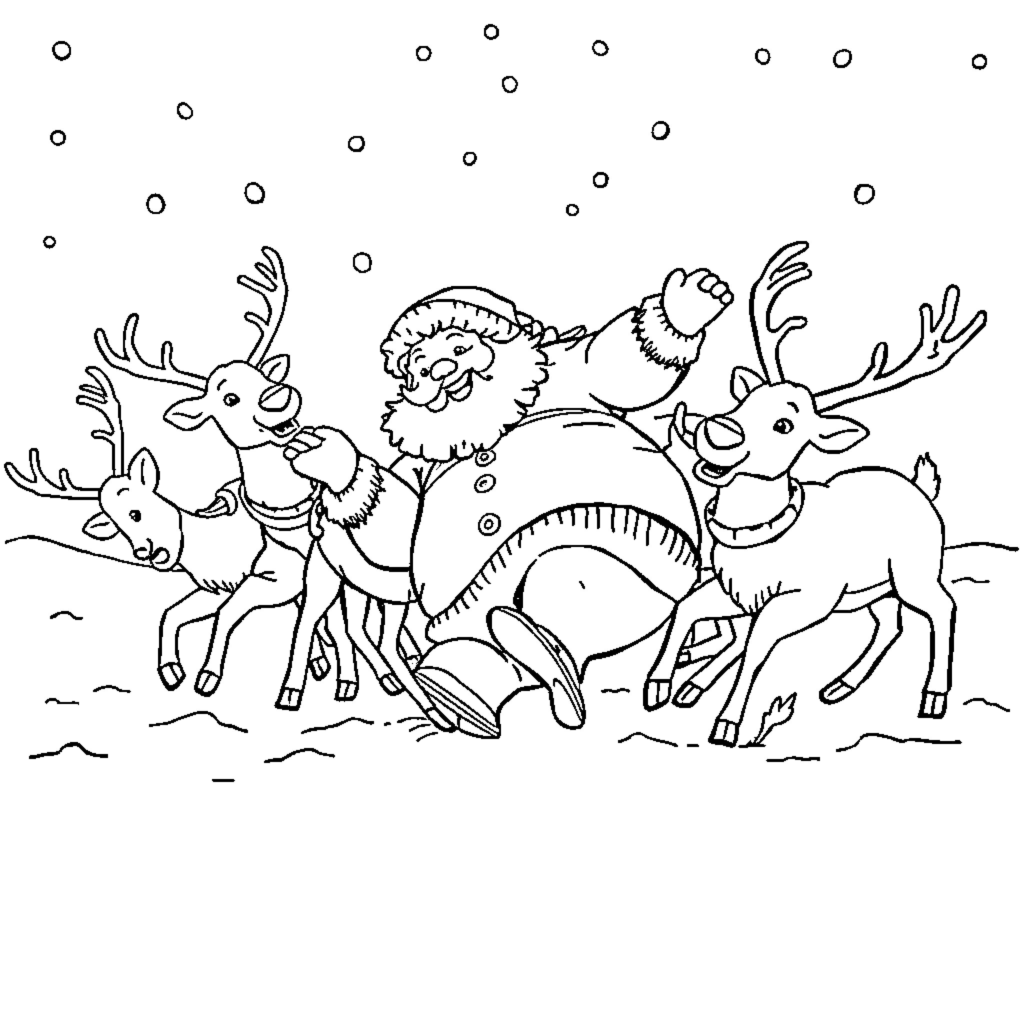 Reindeer with Santa and snowflakes in winter landscape Coloring Page (free black-and-white line drawing printable PDF for all, from beginners to advanced learners, including children, teens, adults, and seniors)