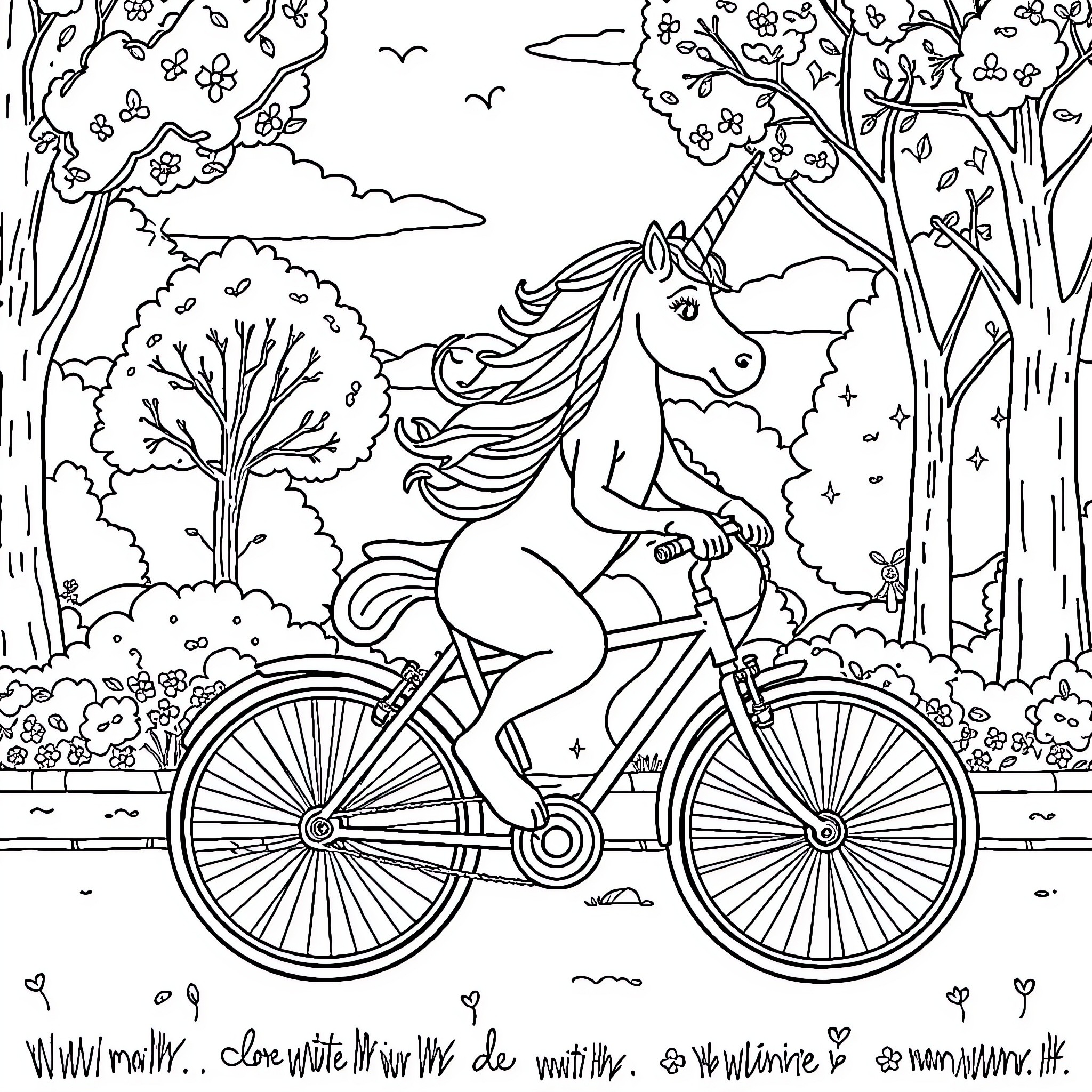 Unicorn riding a bicycle through a magical forest Coloring Page (free black-and-white line drawing printable PDF for all, from beginners to advanced learners, including children, teens, adults, and seniors)