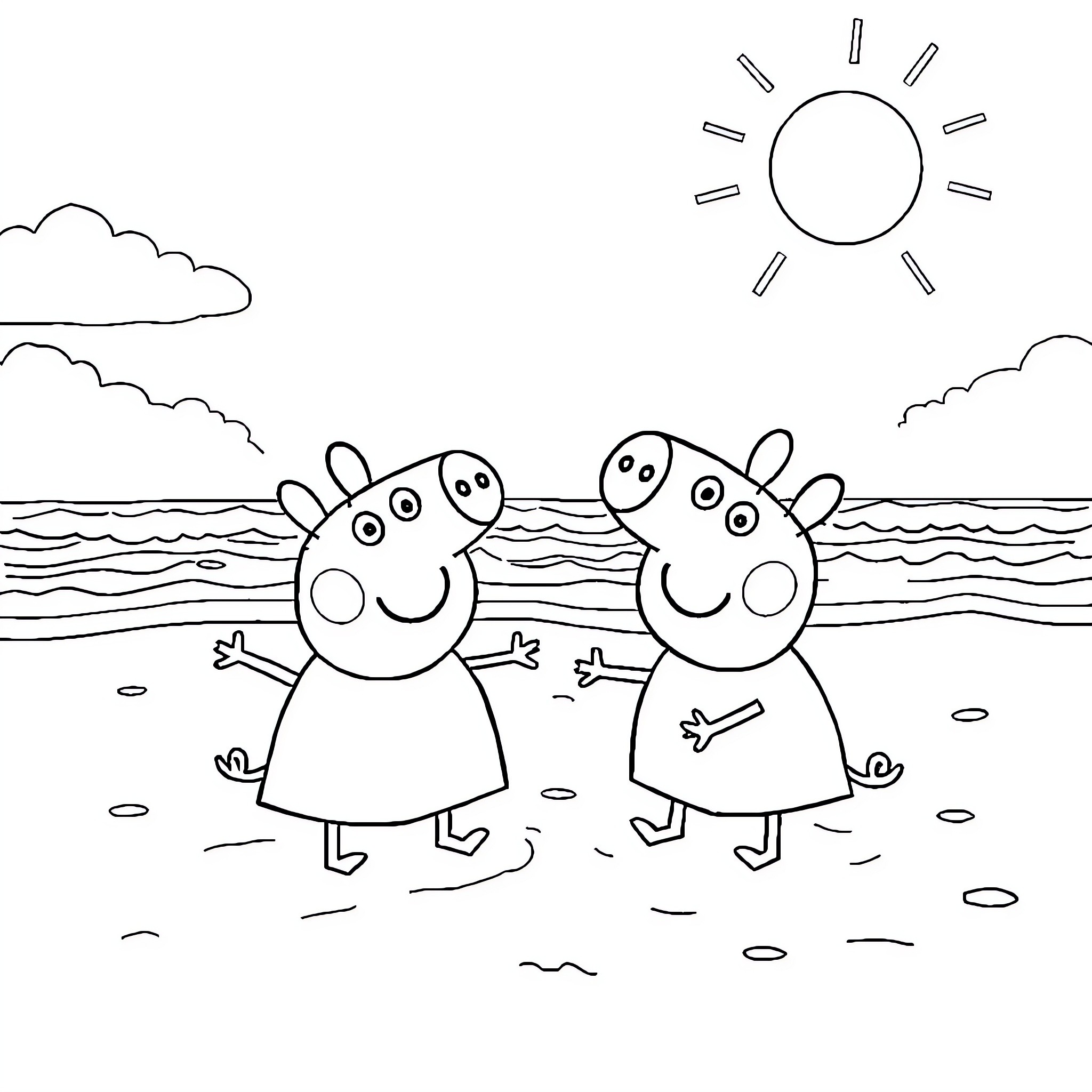 Peppa Pig and friend enjoy beach scene Coloring Page (free black-and-white line drawing printable PDF for all, from beginners to advanced learners, including children, teens, adults, and seniors)