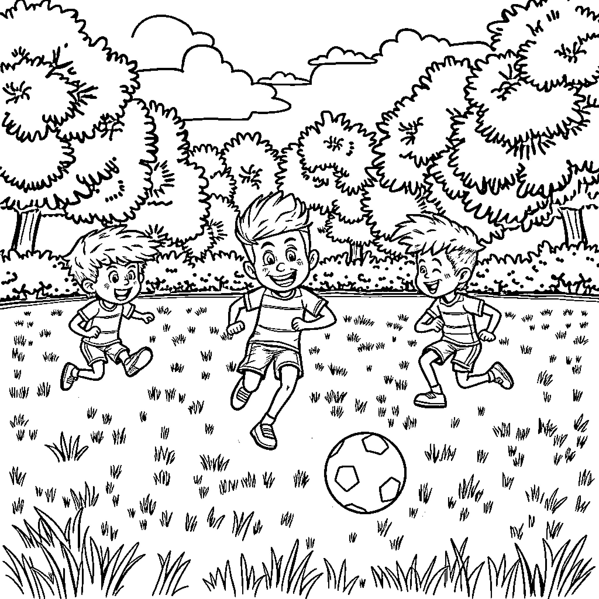 Tralalerito Boys Playing Soccer in the Park Coloring Page (free black-and-white line drawing printable PDF for all, from beginners to advanced learners, including children, teens, adults, and seniors)