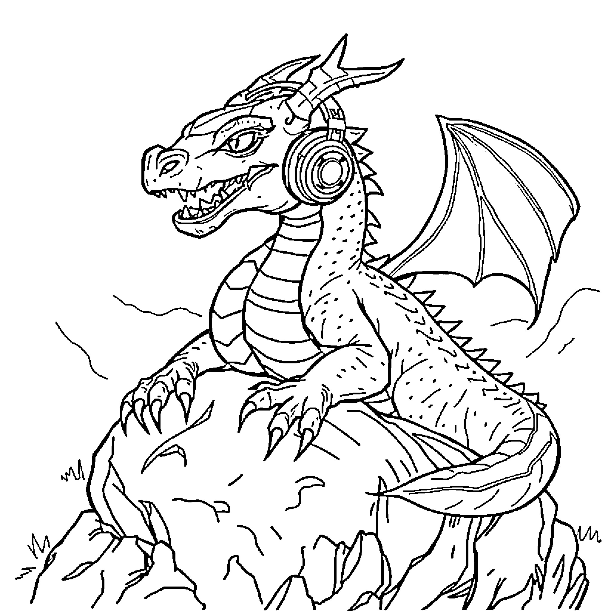 Dragon Sitting Proudly on Mountain Peak Coloring Page (free black-and-white line drawing printable PDF for all, from beginners to advanced learners, including children, teens, adults, and seniors)