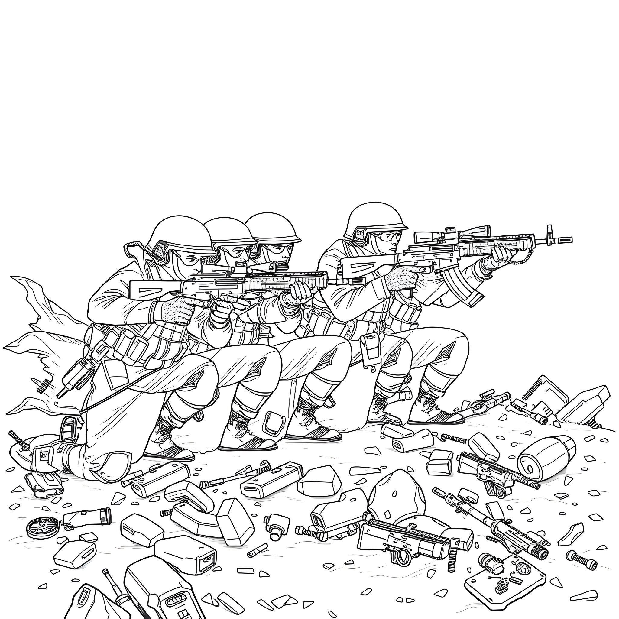 Soldier Squad Engaged in Battle with Weapons and Debris Coloring Page (free black-and-white line drawing printable PDF for all, from beginners to advanced learners, including children, teens, adults, and seniors)