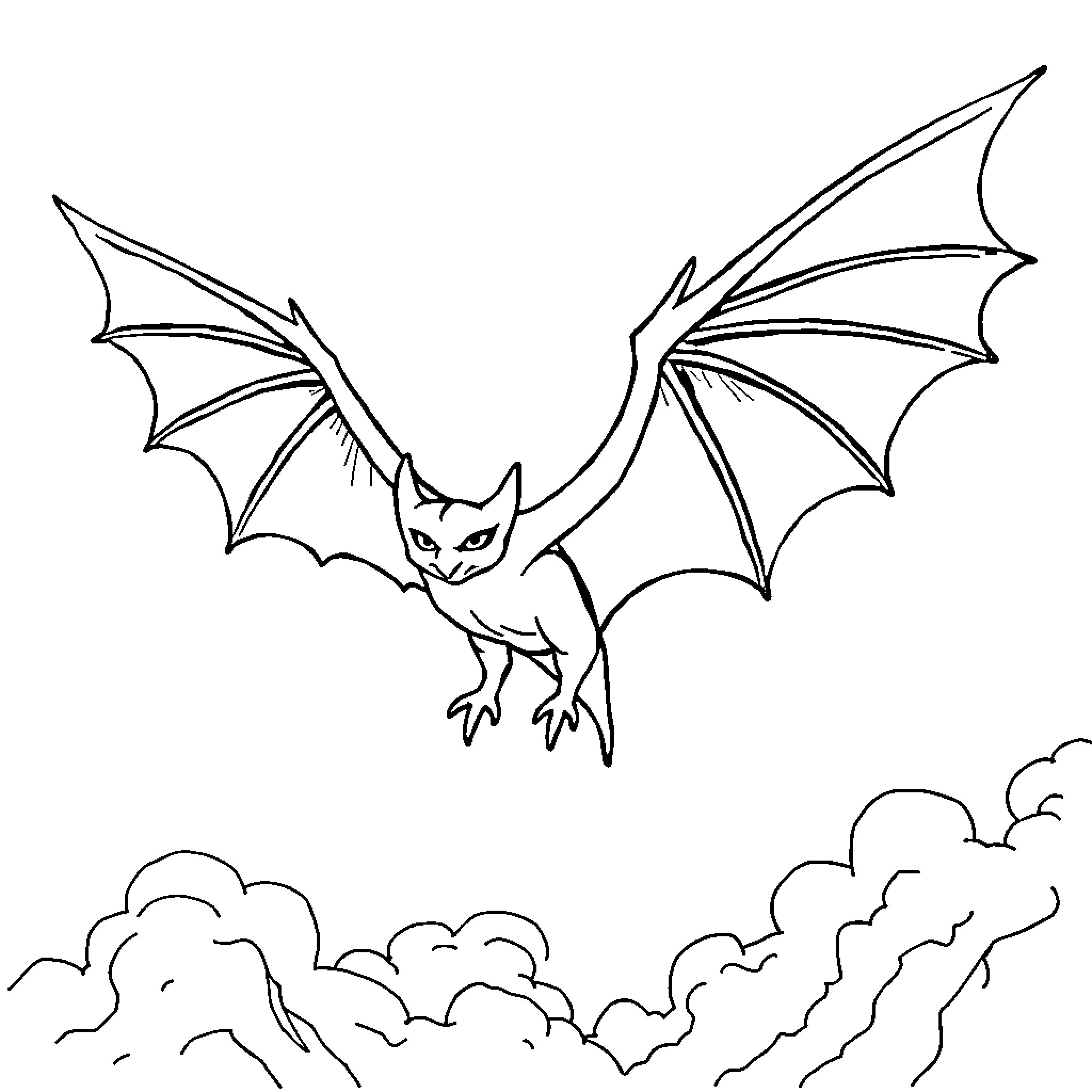 Bat soaring through cloudy skies Coloring Page (free black-and-white line drawing printable PDF for all, from beginners to advanced learners, including children, teens, adults, and seniors)