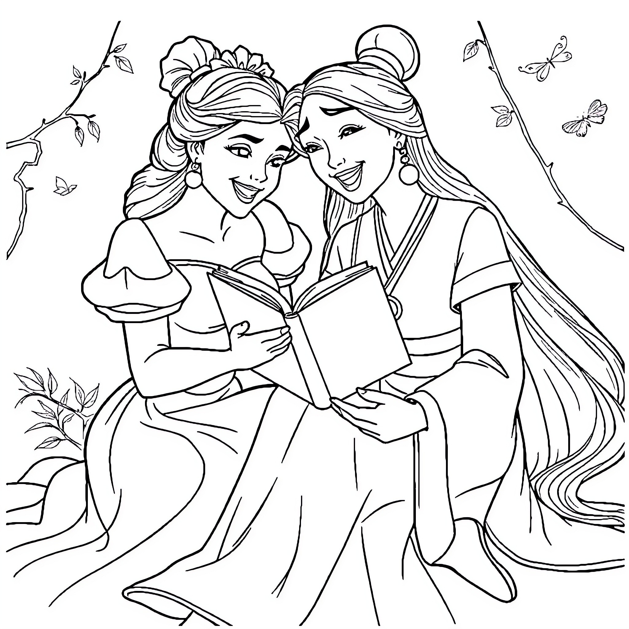 Belle and Her Friend Reading a Book Together Coloring Page (free black-and-white line drawing printable PDF for all, from beginners to advanced learners, including children, teens, adults, and seniors)