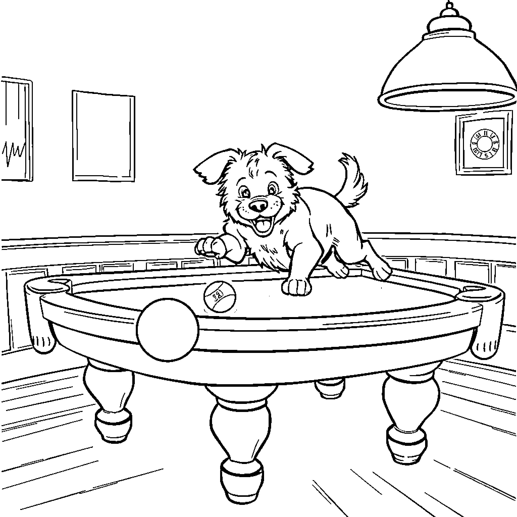 Dog Playing Happily on Pool Table Coloring Page (free black-and-white line drawing printable PDF for all, from beginners to advanced learners, including children, teens, adults, and seniors)