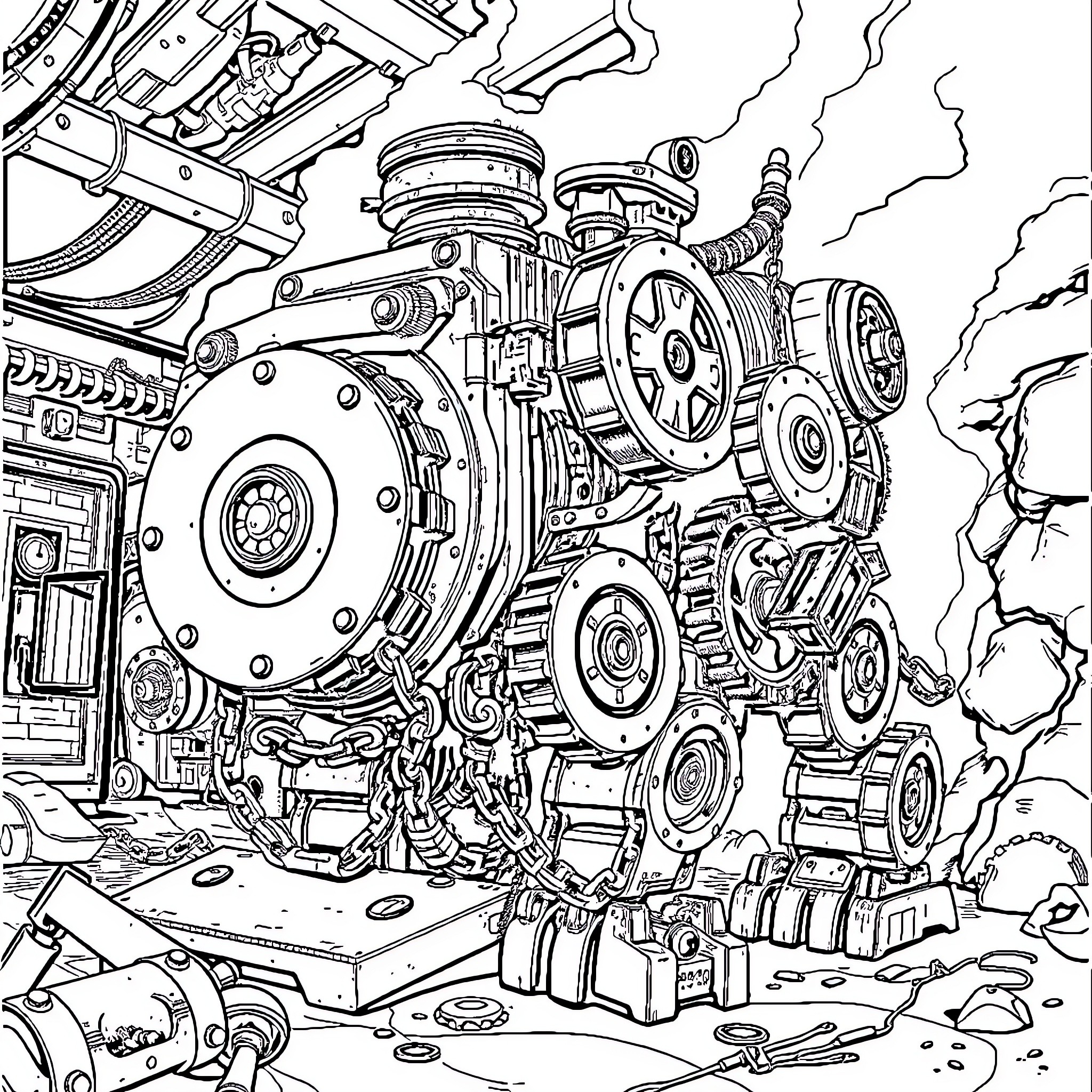 ClankER: Mechanical Marvels in Motion Coloring Page (free black-and-white line drawing printable PDF for all, from beginners to advanced learners, including children, teens, adults, and seniors)