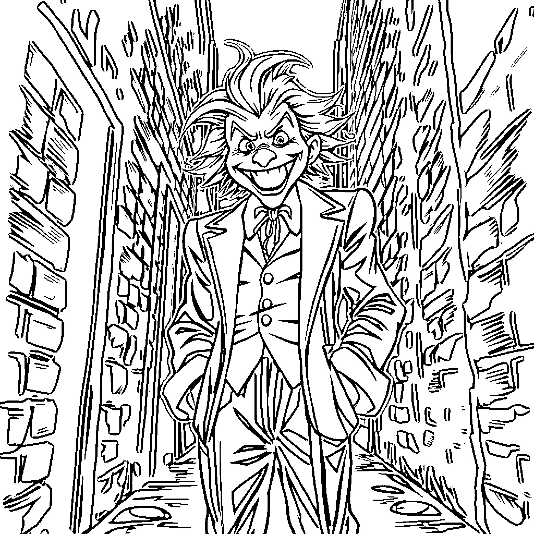 Joker's Mischievous Delight in the City Coloring Page (free black-and-white line drawing printable PDF for all, from beginners to advanced learners, including children, teens, adults, and seniors)