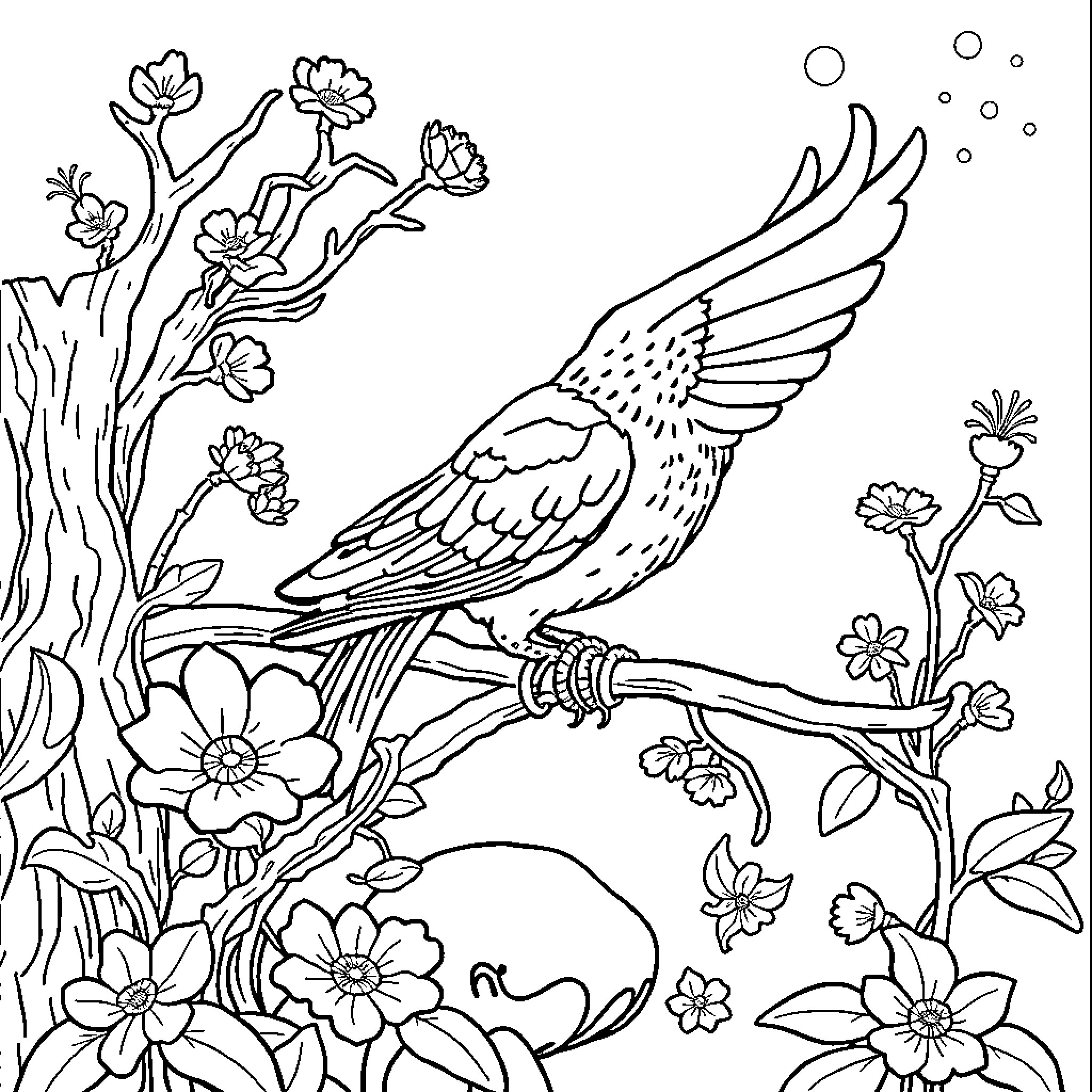 Daughter's peaceful moment with nature's creatures Coloring Page (free black-and-white line drawing printable PDF for all, from beginners to advanced learners, including children, teens, adults, and seniors)