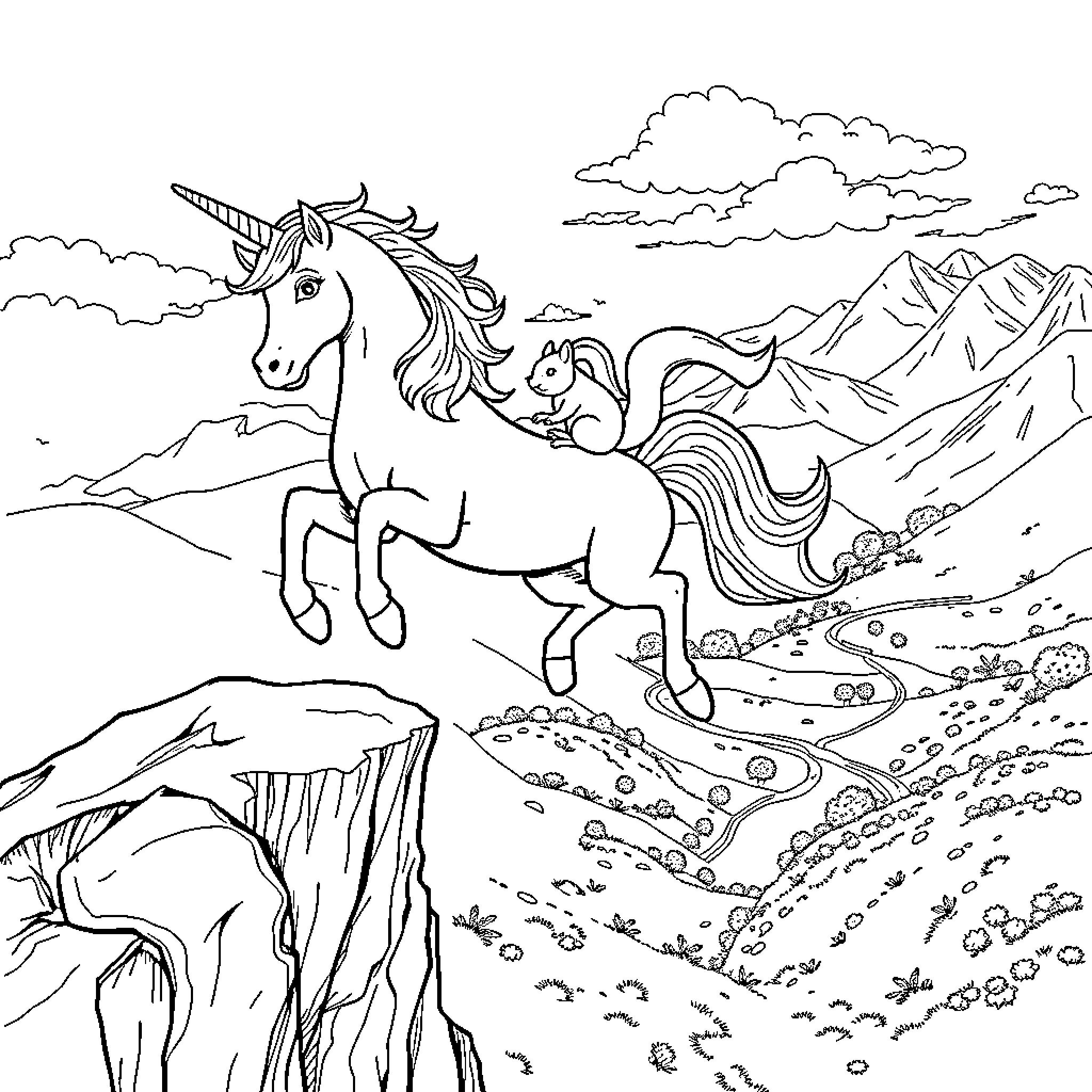 Unicorn galloping through mountainous landscape Coloring Page (free black-and-white line drawing printable PDF for all, from beginners to advanced learners, including children, teens, adults, and seniors)