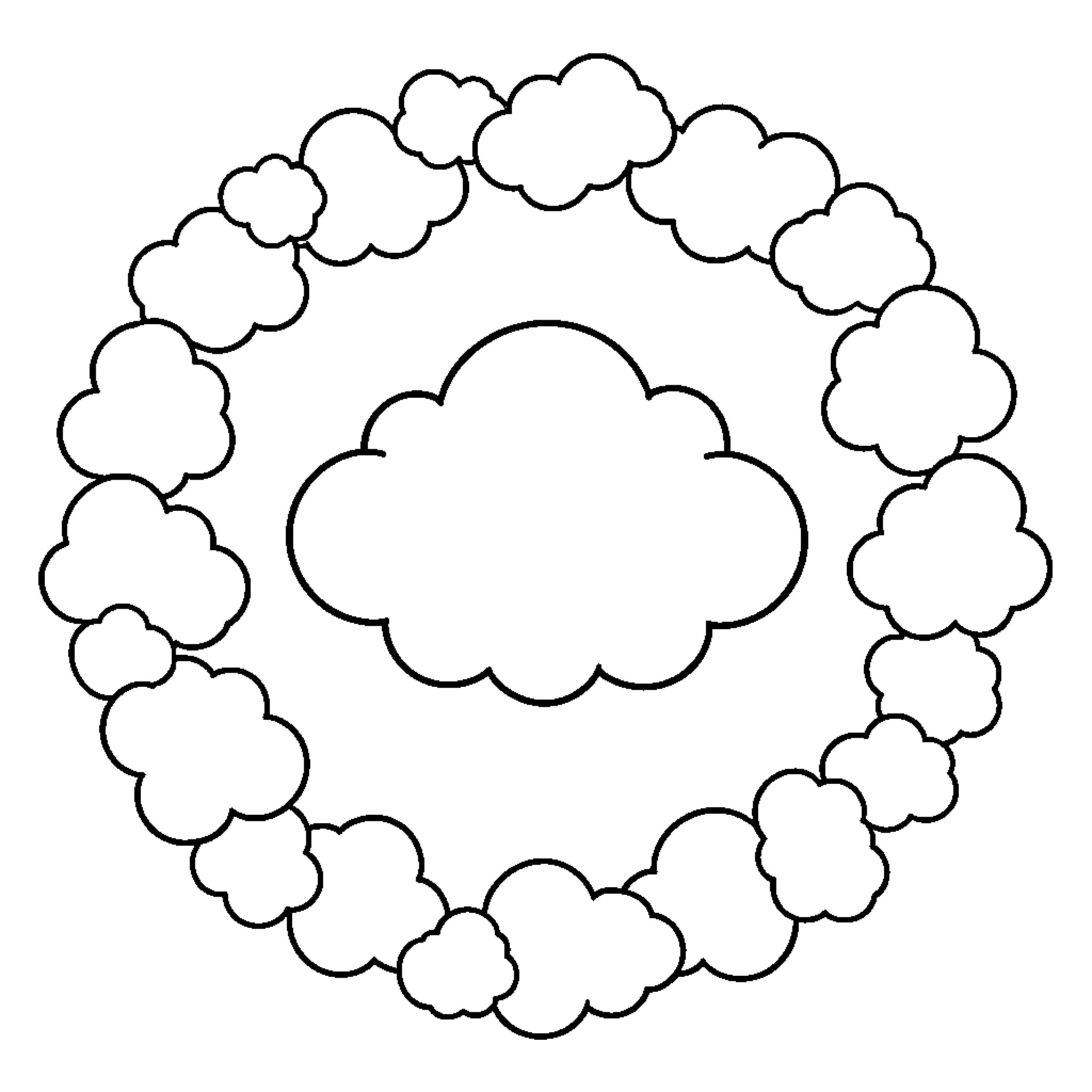 Nuage centered within a circular frame of fluffy clouds Coloring Page (free black-and-white line drawing printable PDF for all, from beginners to advanced learners, including children, teens, adults, and seniors)