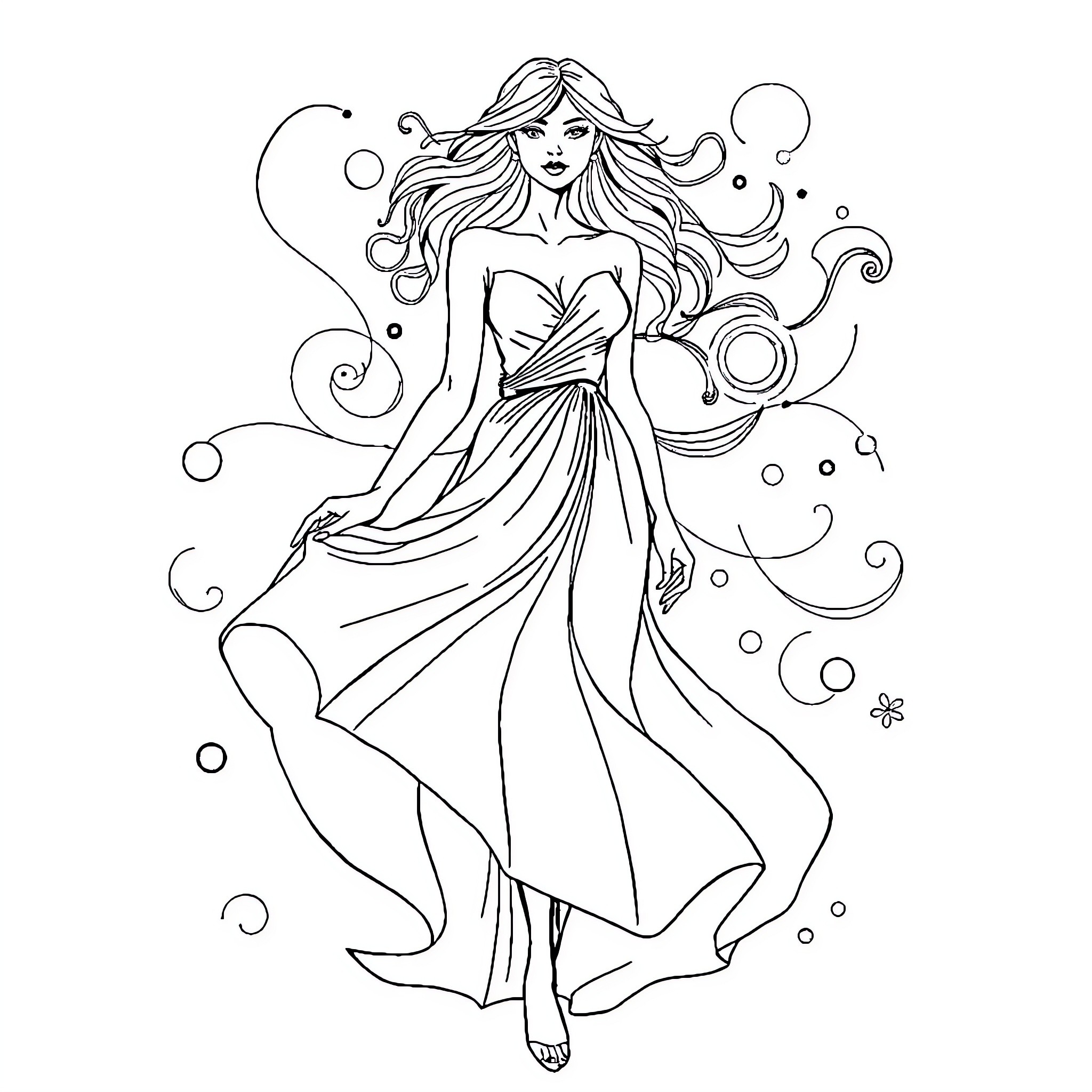 Woman in flowing dress amid swirling shapes Coloring Page (free black-and-white line drawing printable PDF for all, from beginners to advanced learners, including children, teens, adults, and seniors)