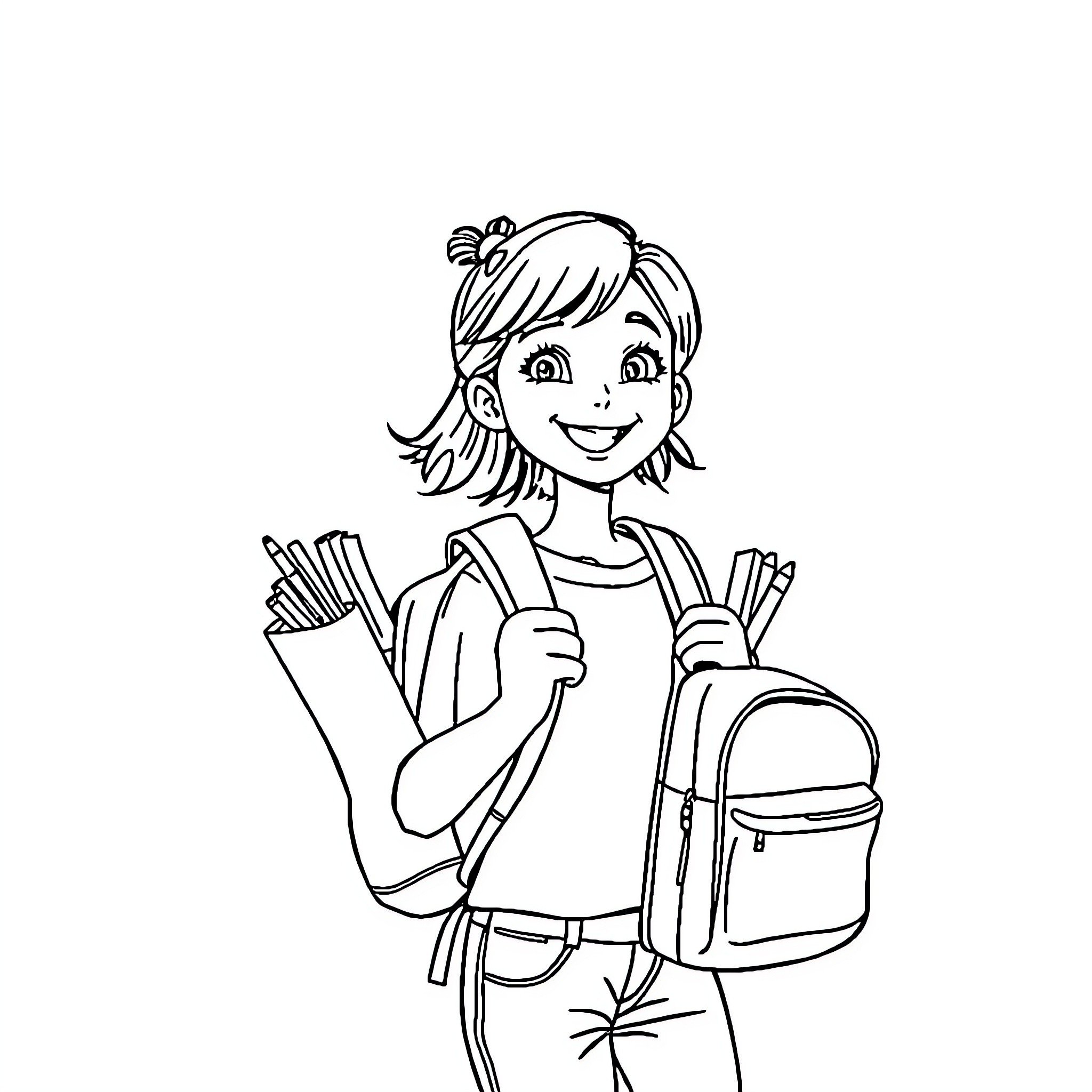 Girl excited for school with backpack and supplies Coloring Page (free black-and-white line drawing printable PDF for all, from beginners to advanced learners, including children, teens, adults, and seniors)