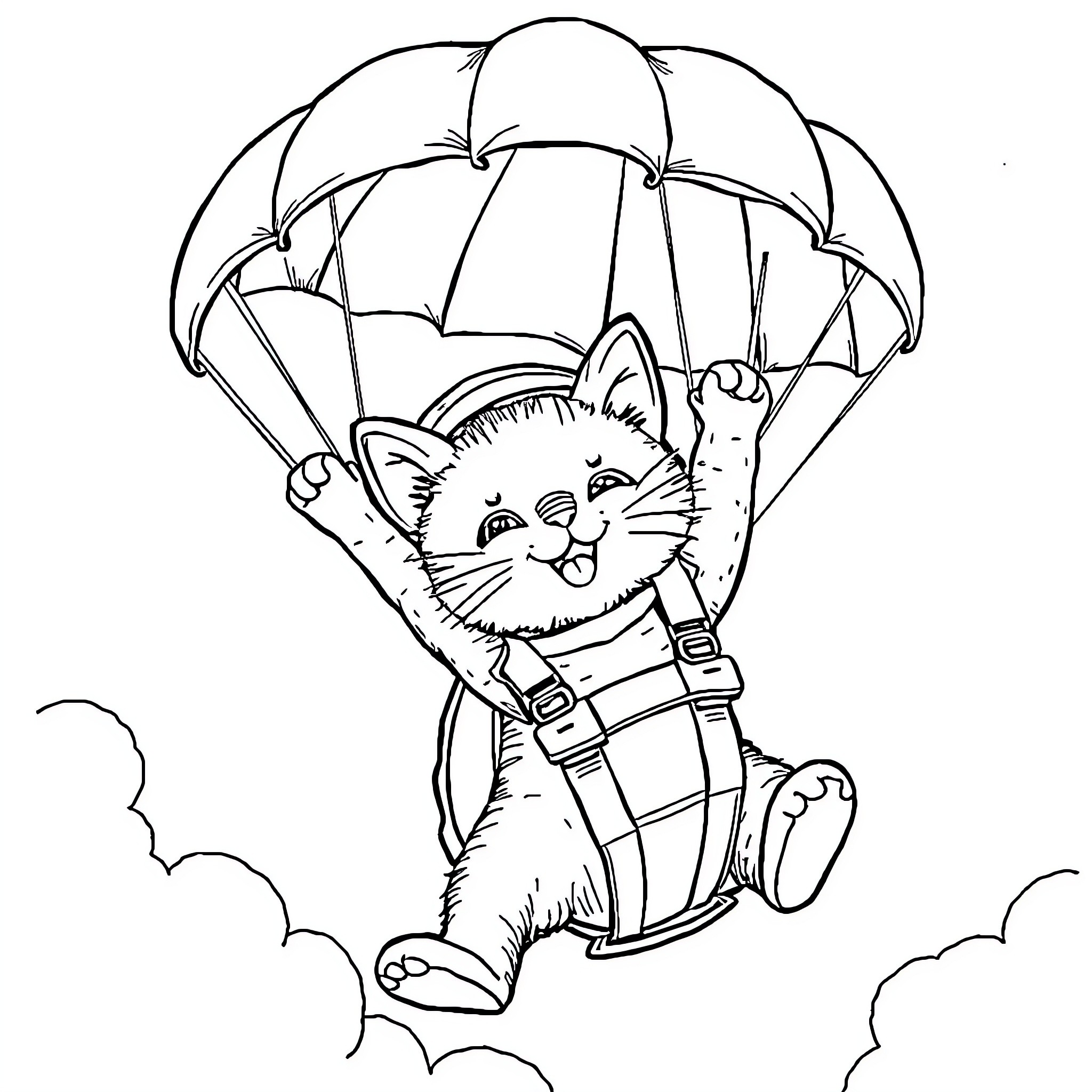 Cat parachuting through the sky Coloring Page (free black-and-white line drawing printable PDF for all, from beginners to advanced learners, including children, teens, adults, and seniors)