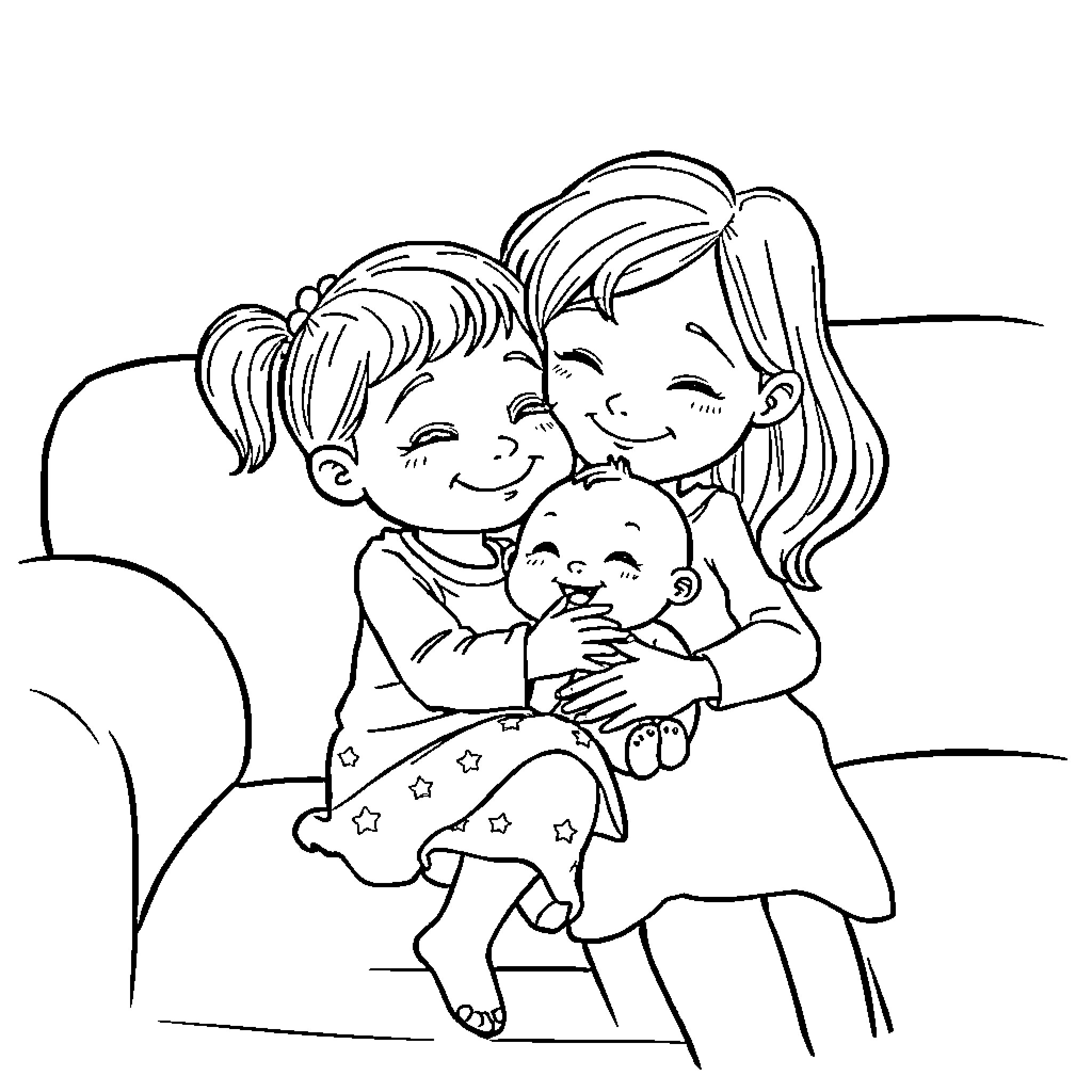 Sisters embracing with joy and affection Coloring Page (free black-and-white line drawing printable PDF for all, from beginners to advanced learners, including children, teens, adults, and seniors)