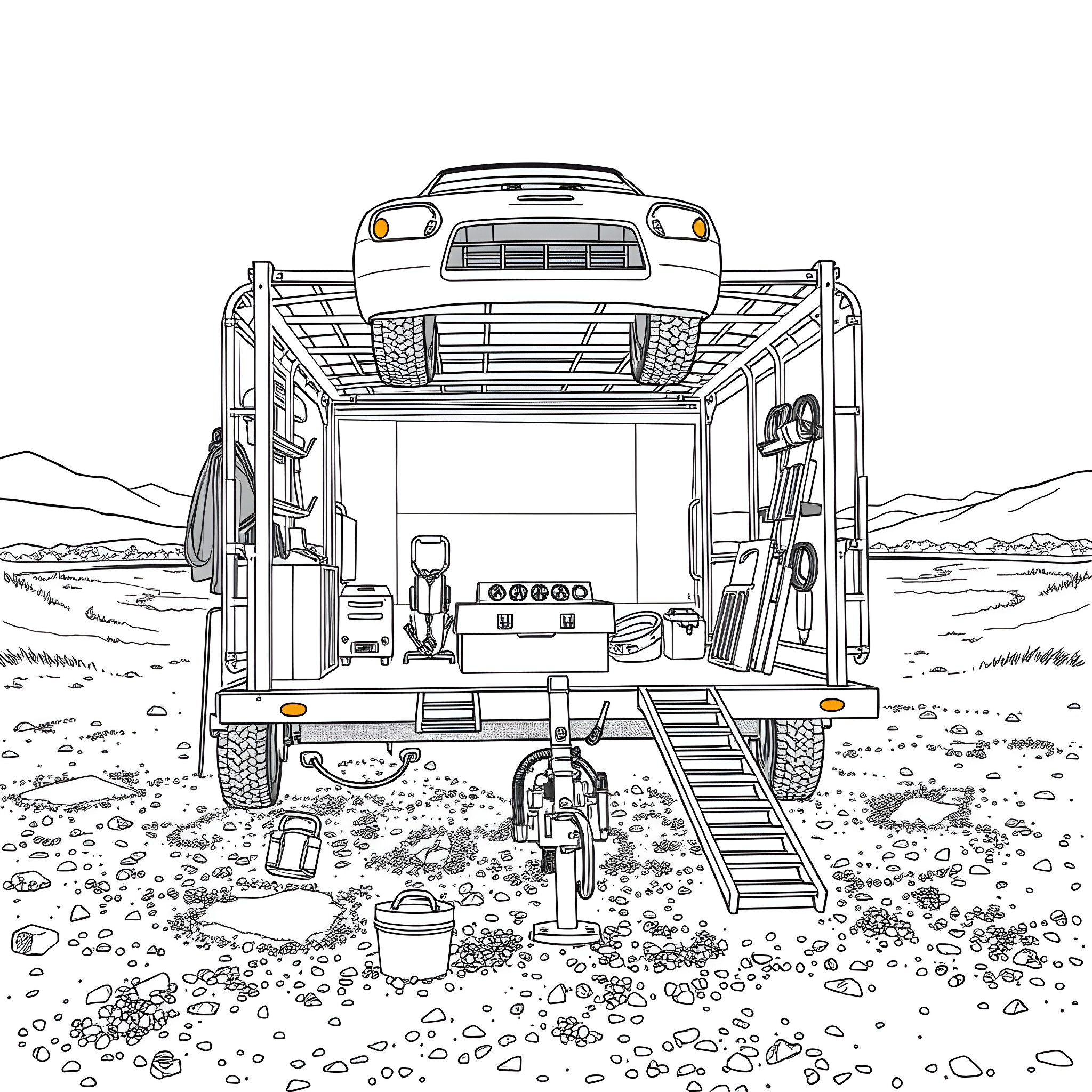 Car Trailer Carrying a Vehicle on the Road Coloring Page (free black-and-white line drawing printable PDF for all, from beginners to advanced learners, including children, teens, adults, and seniors)