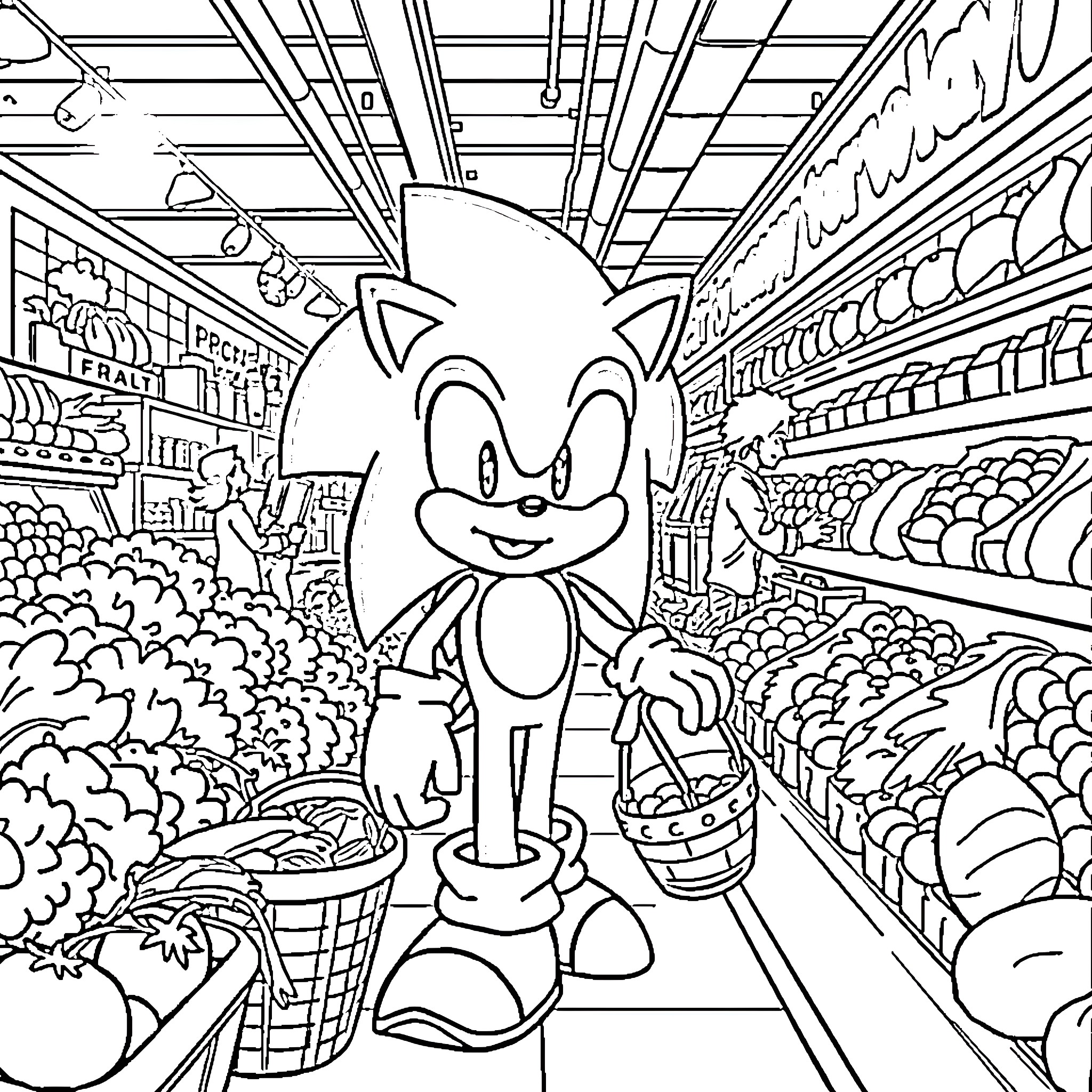 Sonic's Shopping Adventure in the Colorful Supermarket Coloring Page (free black-and-white line drawing printable PDF for all, from beginners to advanced learners, including children, teens, adults, and seniors)
