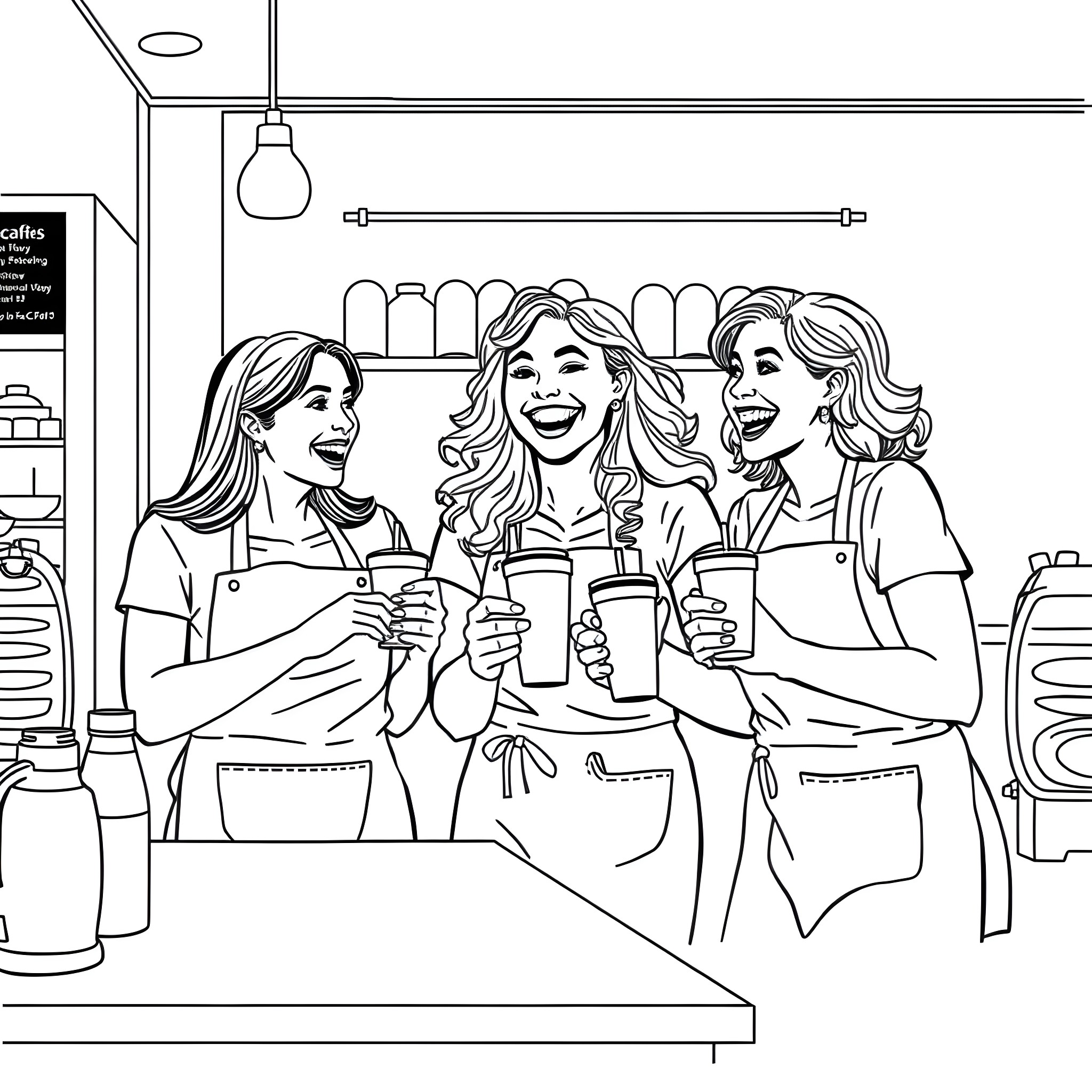 Girl Working in Coffee Shop with Friends Coloring Page (free black-and-white line drawing printable PDF for all, from beginners to advanced learners, including children, teens, adults, and seniors)