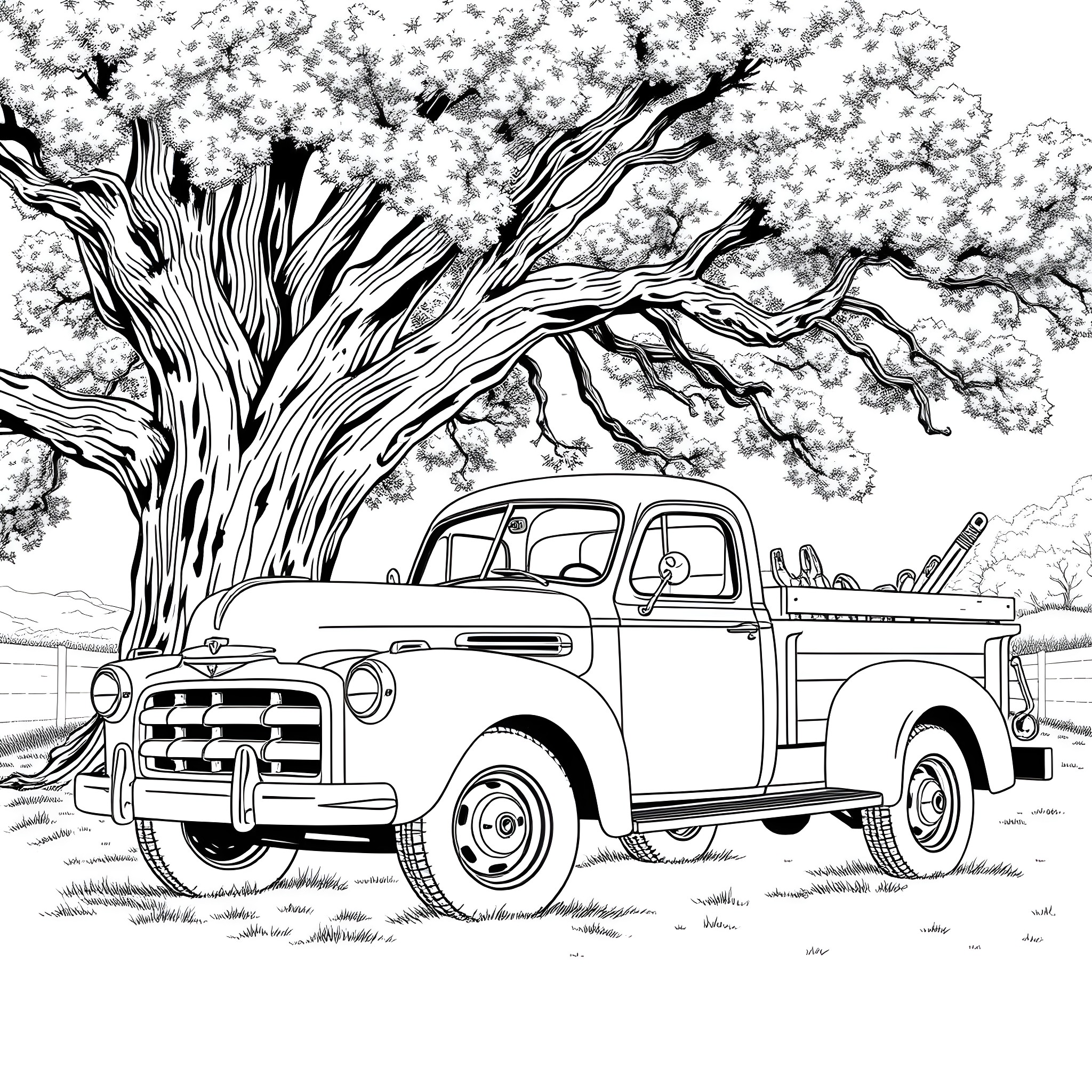 Dodge vintage truck under blossoming tree Coloring Page (free black-and-white line drawing printable PDF for all, from beginners to advanced learners, including children, teens, adults, and seniors)