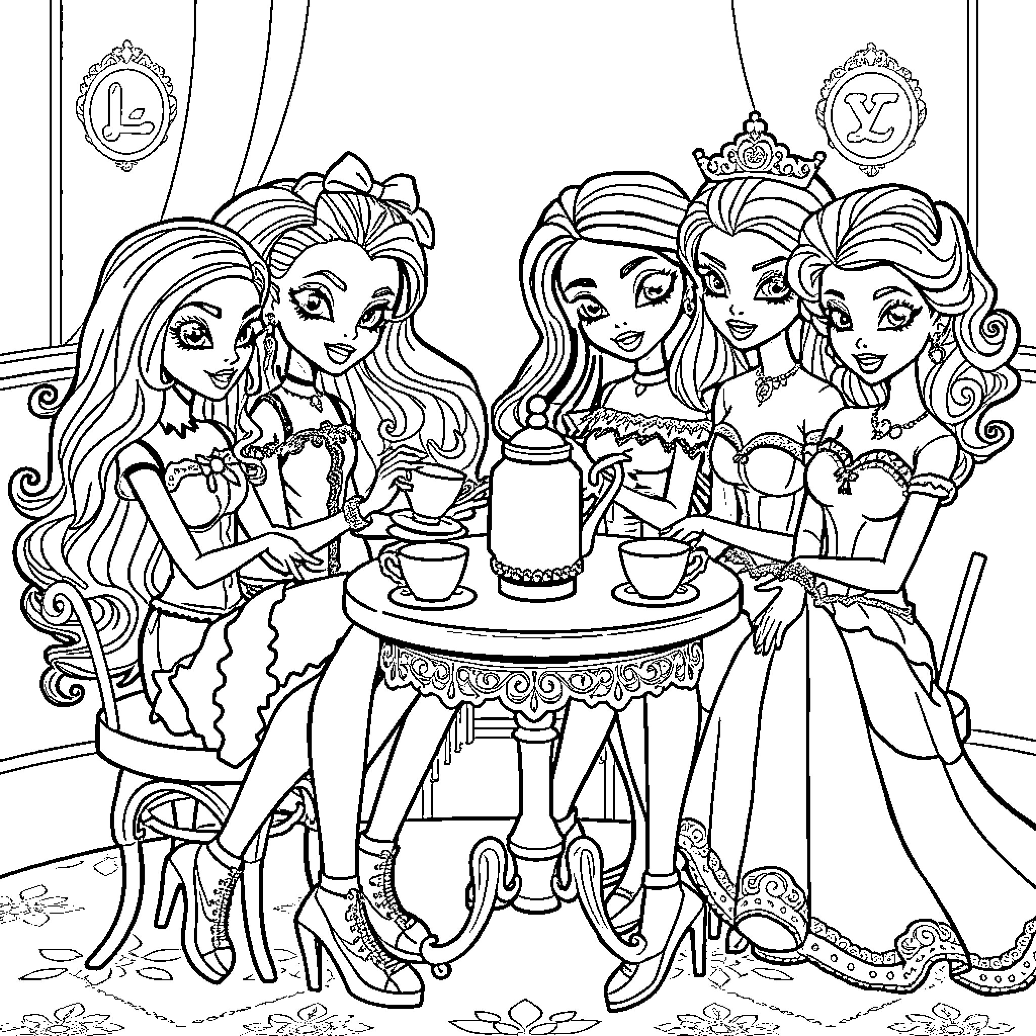 Monster friends having a royal tea party Coloring Page (free black-and-white line drawing printable PDF for all, from beginners to advanced learners, including children, teens, adults, and seniors)