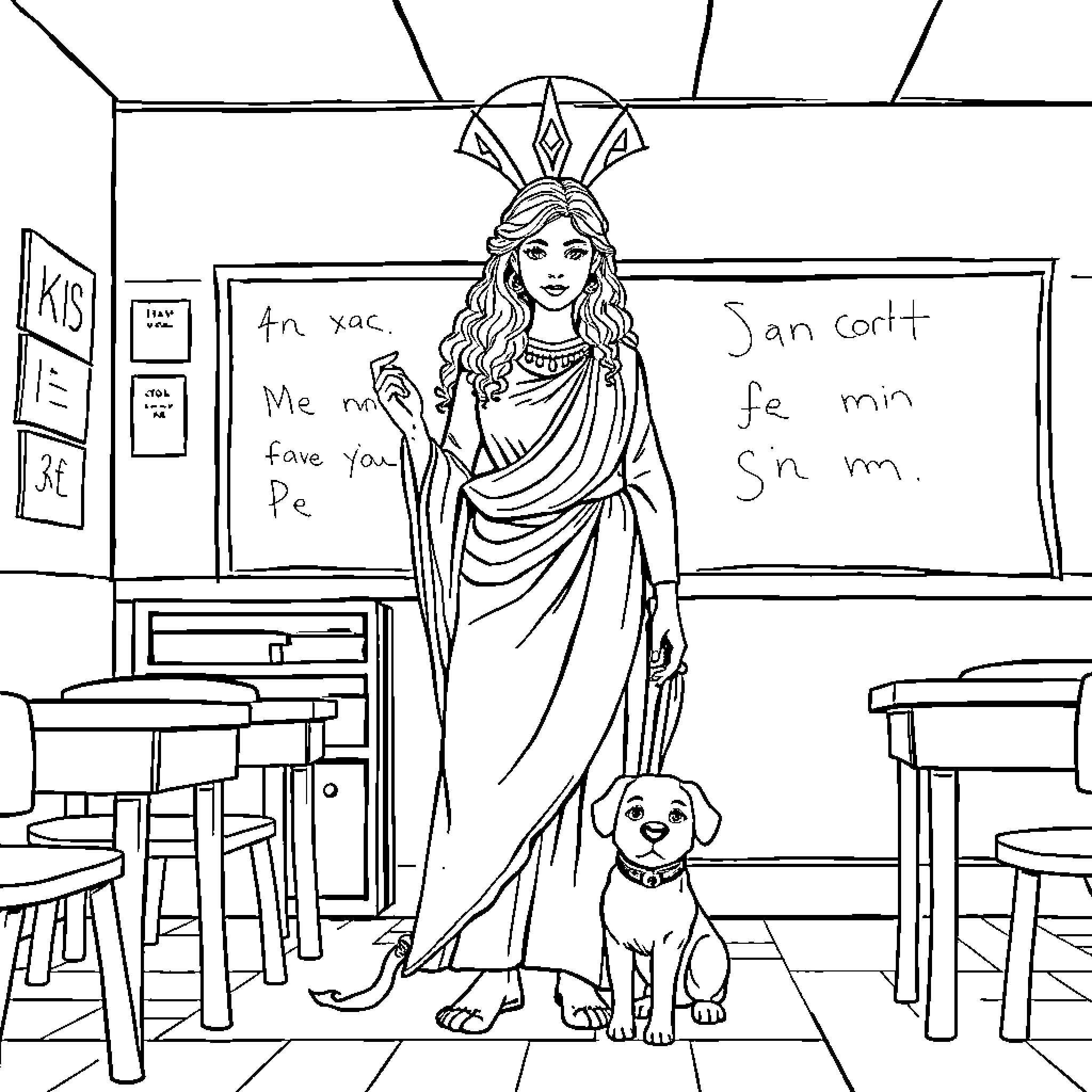 Sappho teaching in a classroom with her dog Coloring Page (free black-and-white line drawing printable PDF for all, from beginners to advanced learners, including children, teens, adults, and seniors)