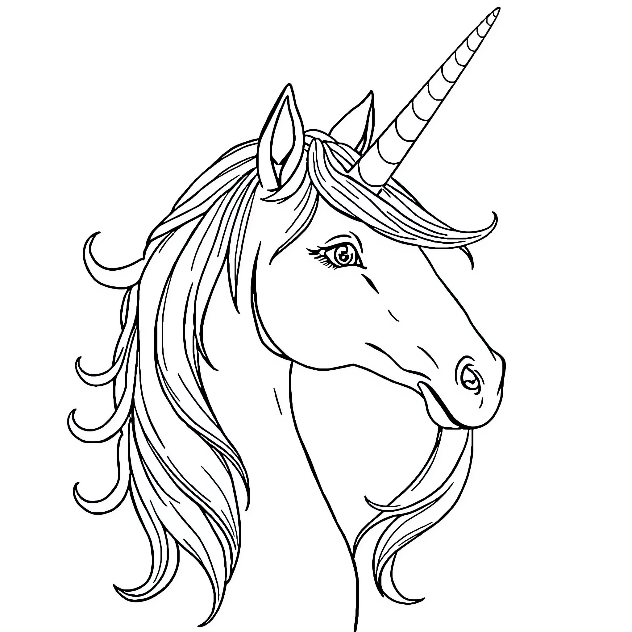 Unicorn with flowing mane and horn Coloring Page (free black-and-white line drawing printable PDF for all, from beginners to advanced learners, including children, teens, adults, and seniors)