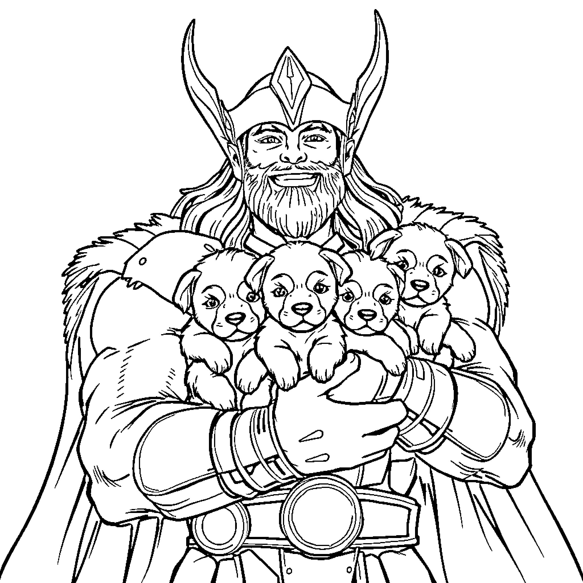 Thor and his Adorable Companions Coloring Page (free black-and-white line drawing printable PDF for all, from beginners to advanced learners, including children, teens, adults, and seniors)