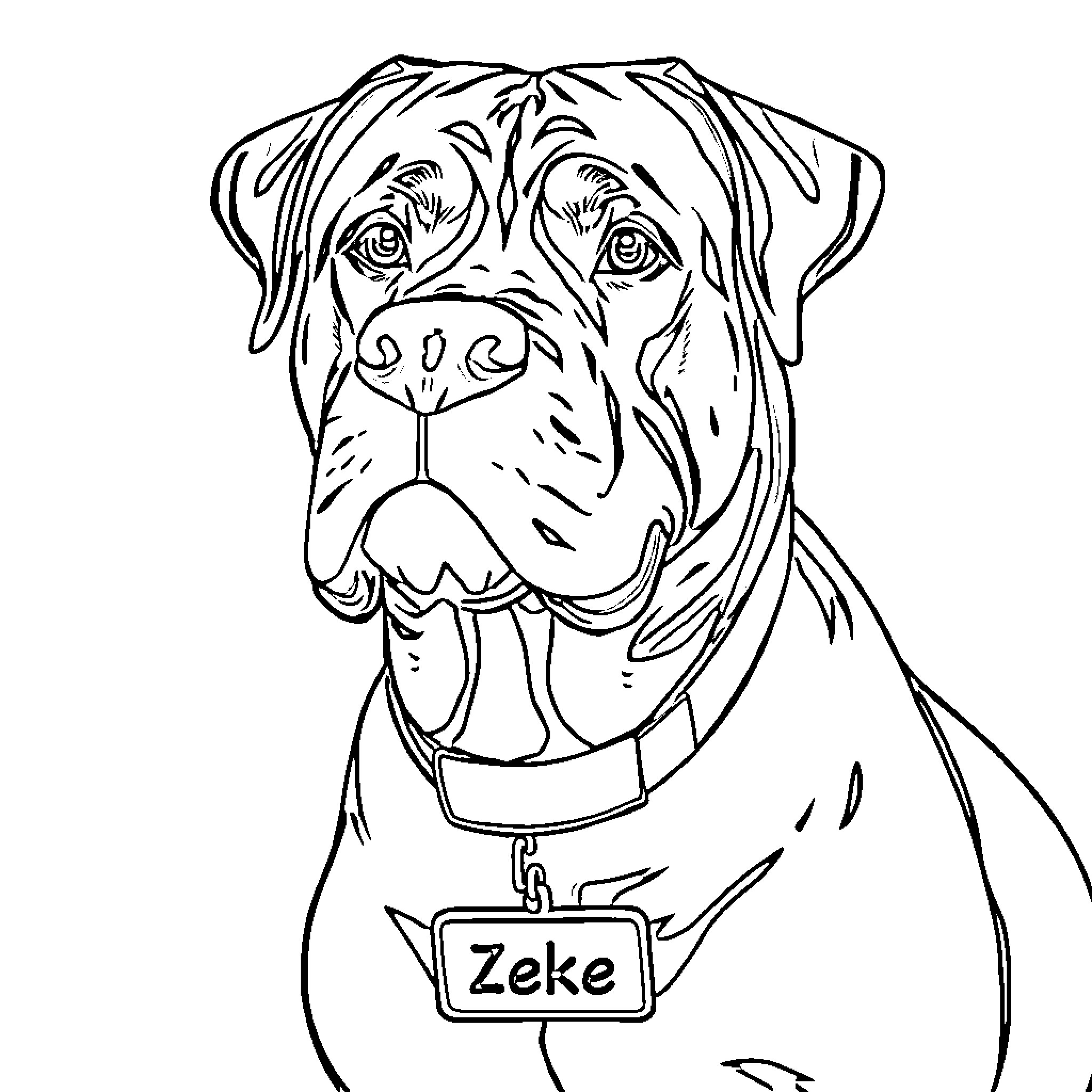 Dog wearing name tag enjoys friendly expression Coloring Page (free black-and-white line drawing printable PDF for all, from beginners to advanced learners, including children, teens, adults, and seniors)