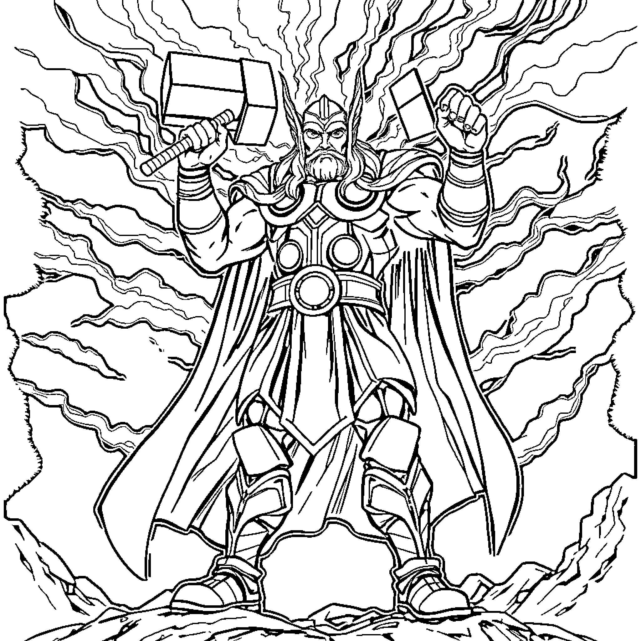 Thor, the Mighty Deity Wielding Powerful Hammers Coloring Page (free black-and-white line drawing printable PDF for all, from beginners to advanced learners, including children, teens, adults, and seniors)