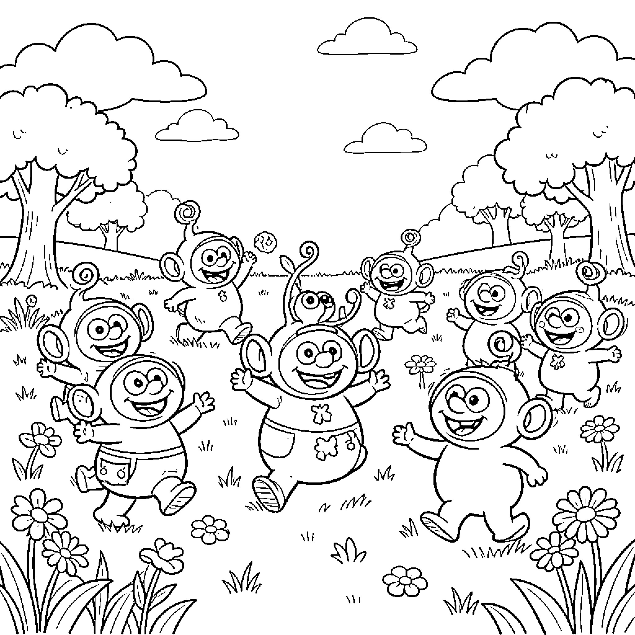 Teletubbies enjoying a vibrant outdoor scene Coloring Page (free black-and-white line drawing printable PDF for all, from beginners to advanced learners, including children, teens, adults, and seniors)