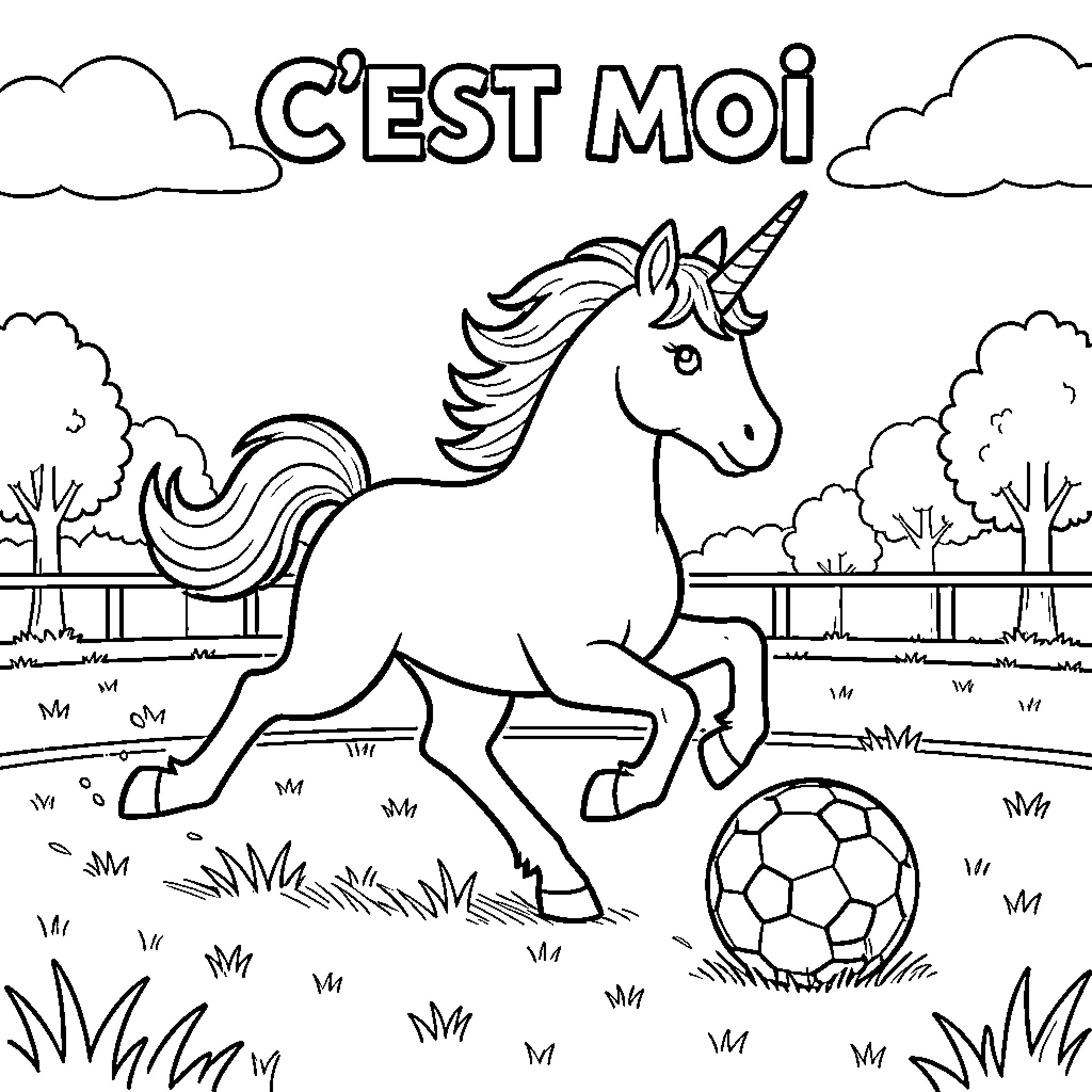 Unicorn playing with a ball in a field Coloring Page (free black-and-white line drawing printable PDF for all, from beginners to advanced learners, including children, teens, adults, and seniors)