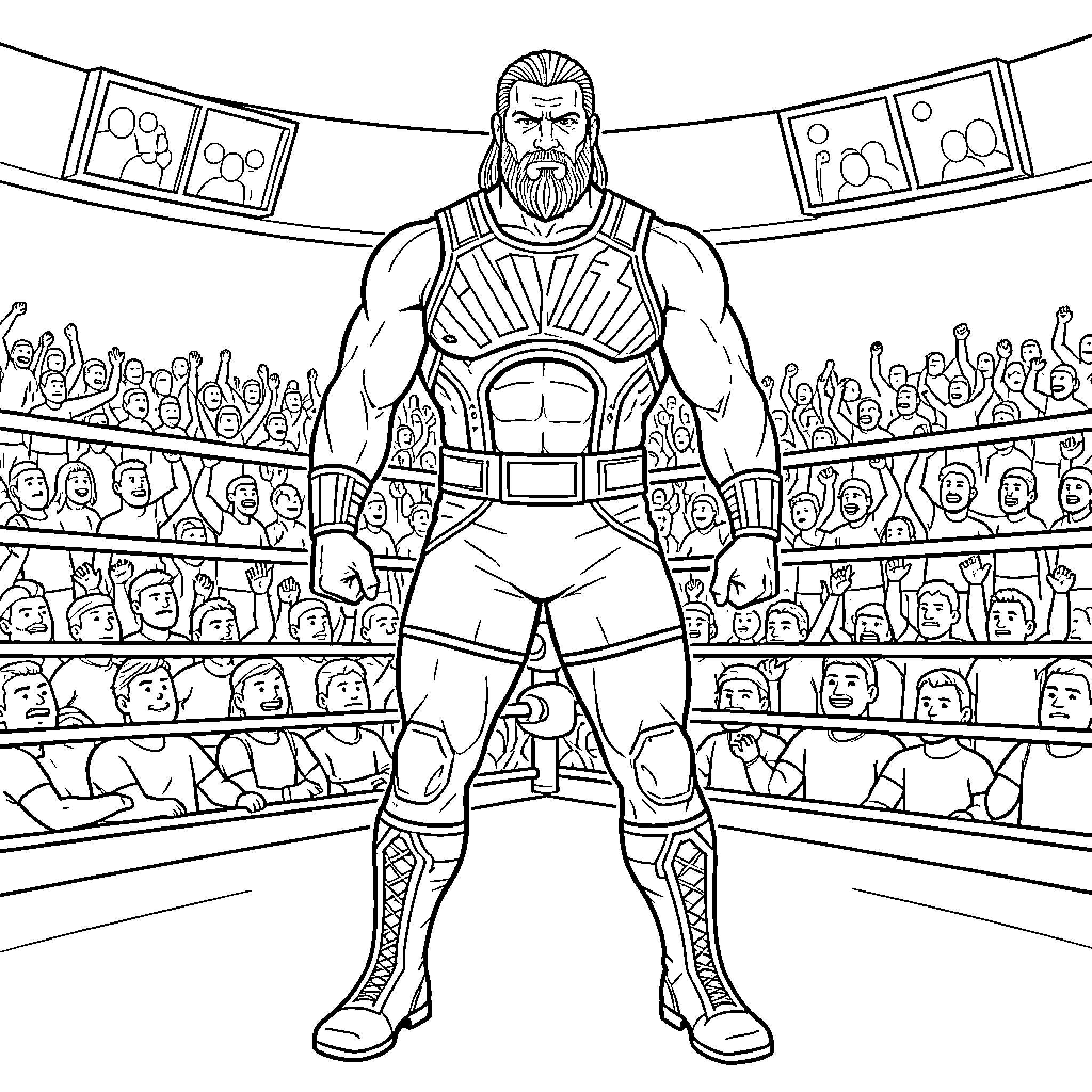 Roman Reigns standing tall in the wrestling arena Coloring Page (free black-and-white line drawing printable PDF for all, from beginners to advanced learners, including children, teens, adults, and seniors)