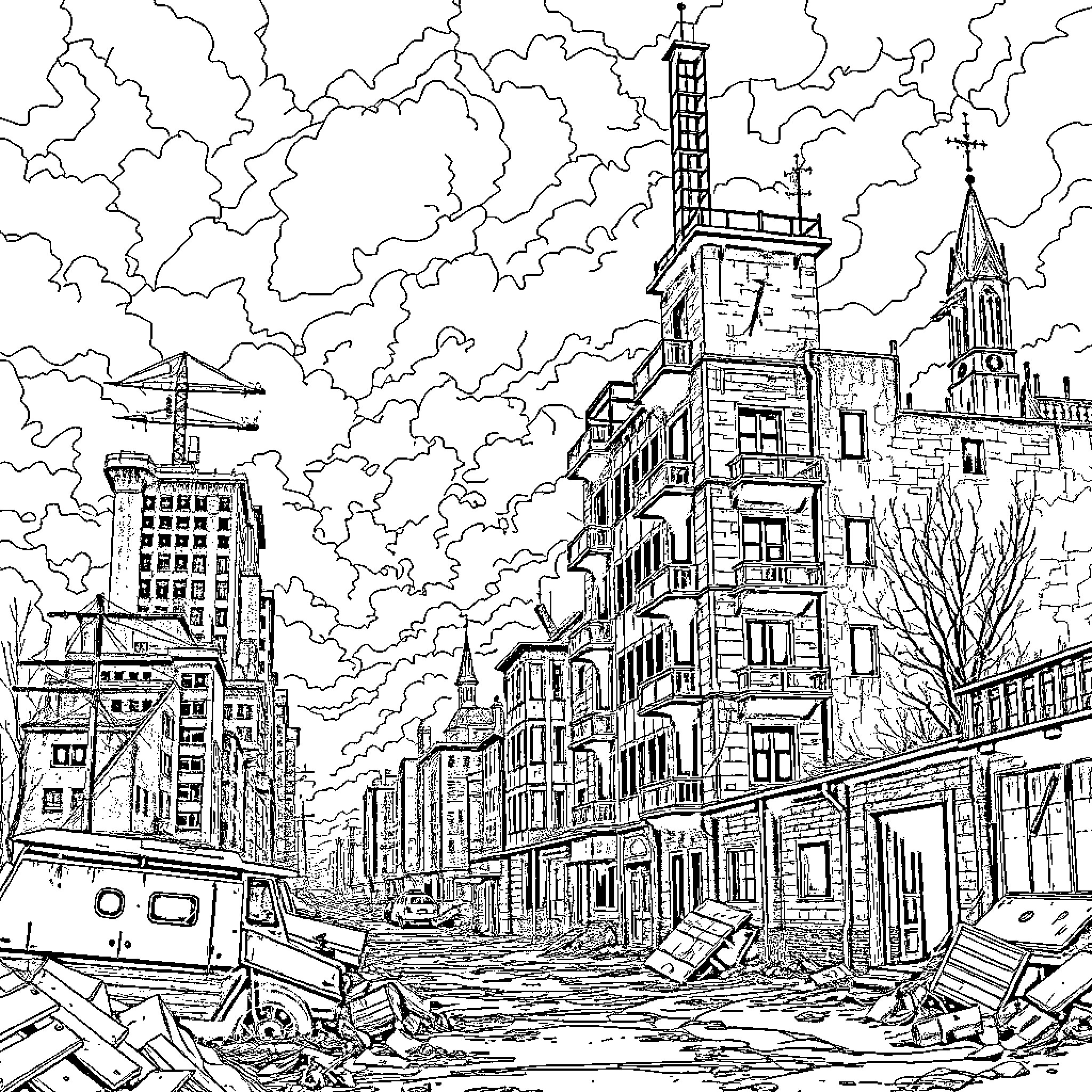 Tarkov: Ruined City Skyline and Destruction Coloring Page (free black-and-white line drawing printable PDF for all, from beginners to advanced learners, including children, teens, adults, and seniors)