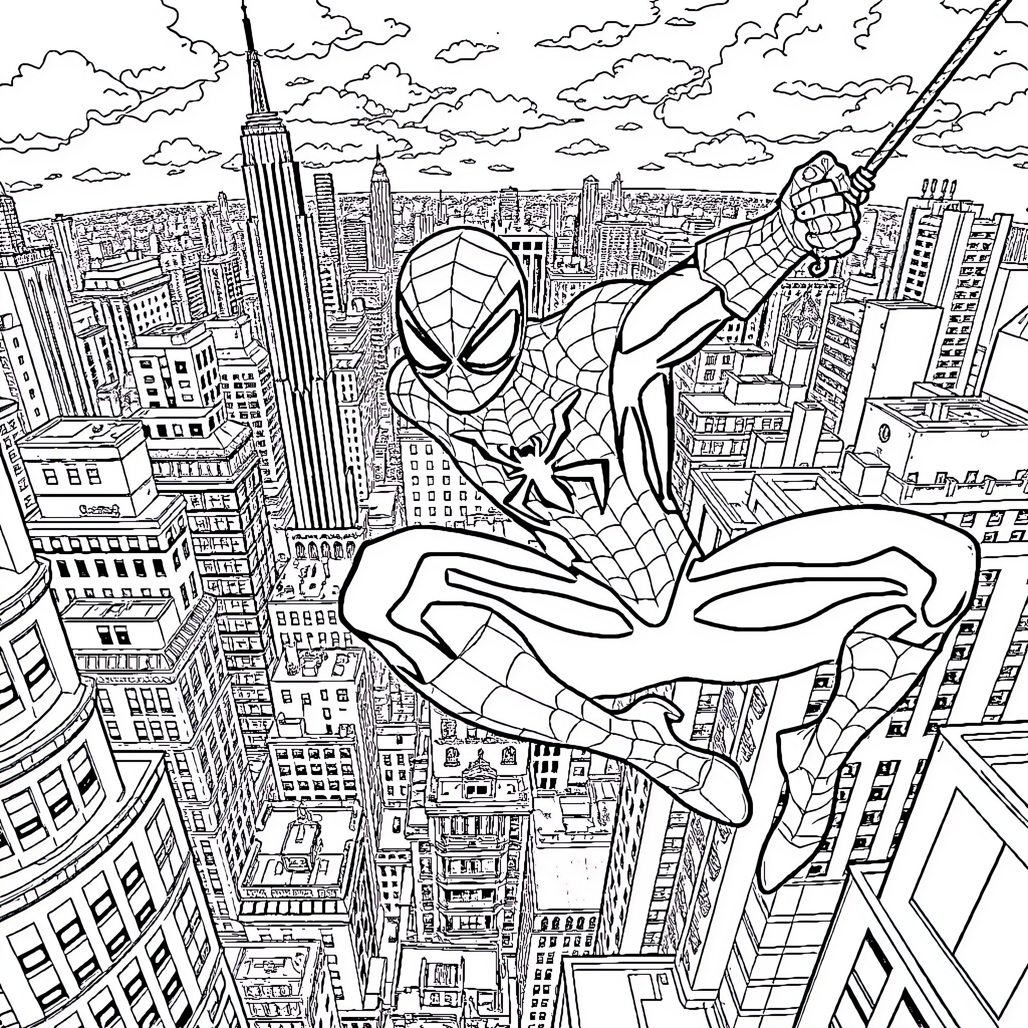 Spider-Man swinging through the city skyline Coloring Page (free black-and-white line drawing printable PDF for all, from beginners to advanced learners, including children, teens, adults, and seniors)
