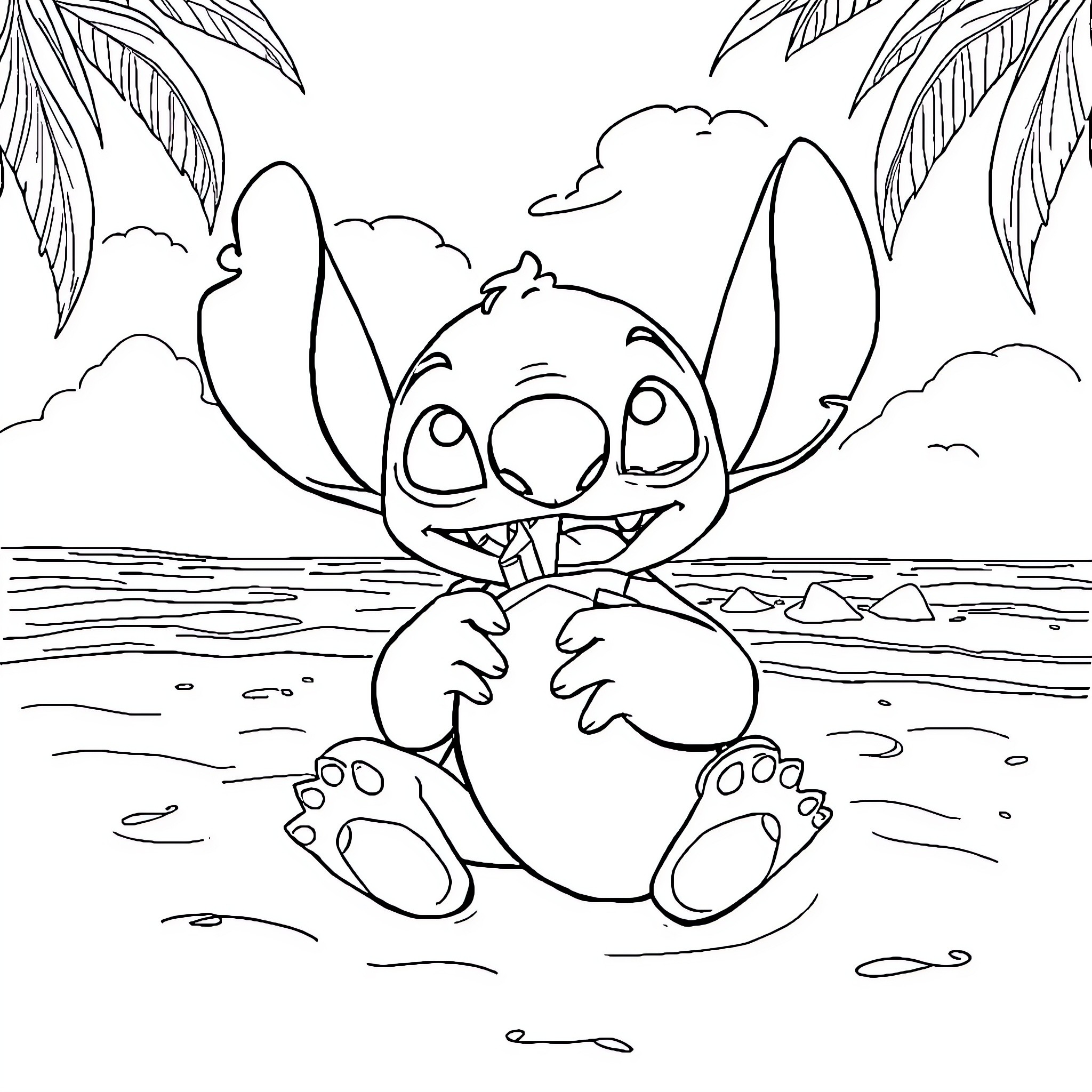 Stitch enjoying the beach and palm trees Coloring Page (free black-and-white line drawing printable PDF for all, from beginners to advanced learners, including children, teens, adults, and seniors)