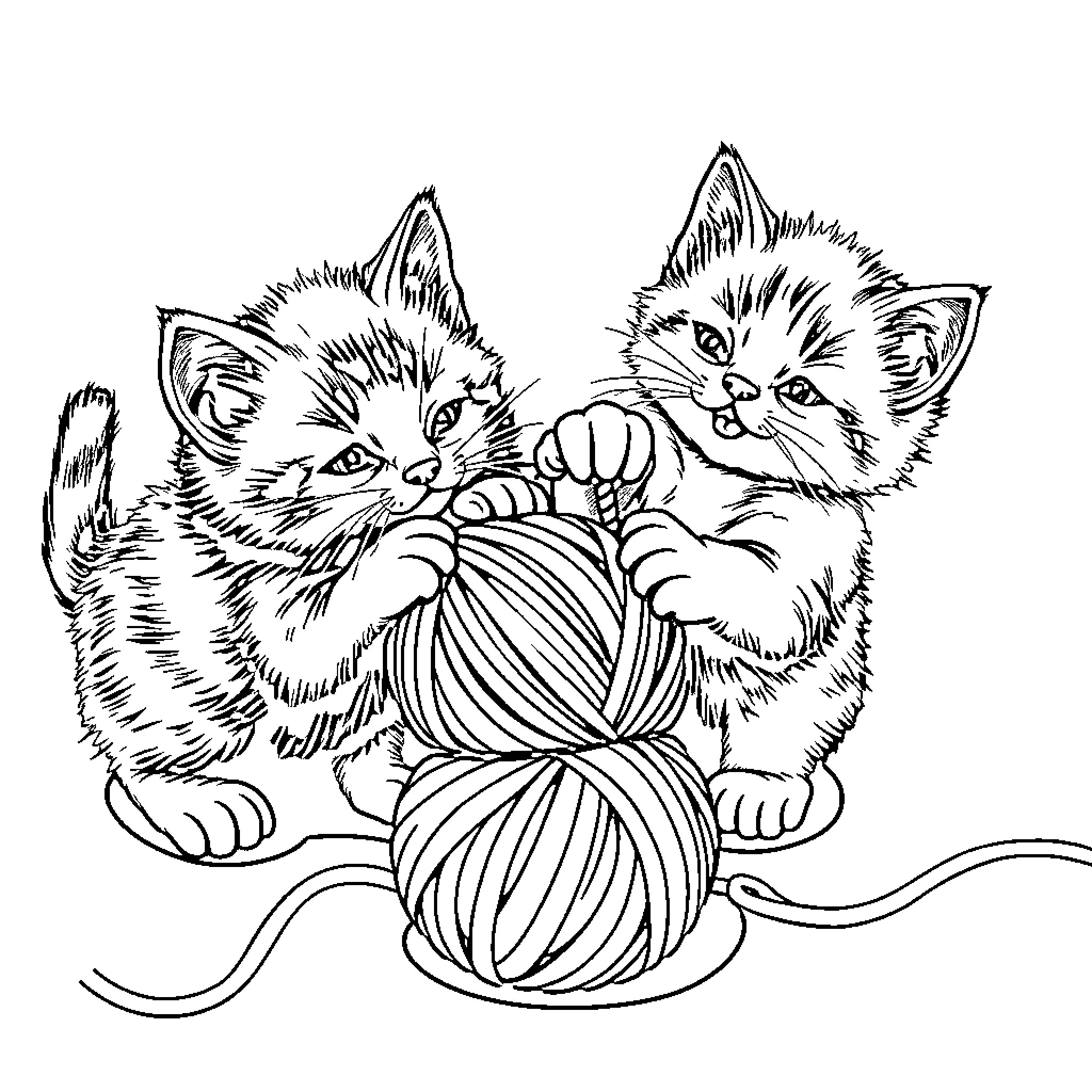 Kittens playing with yarn Coloring Page (free black-and-white line drawing printable PDF for all, from beginners to advanced learners, including children, teens, adults, and seniors)