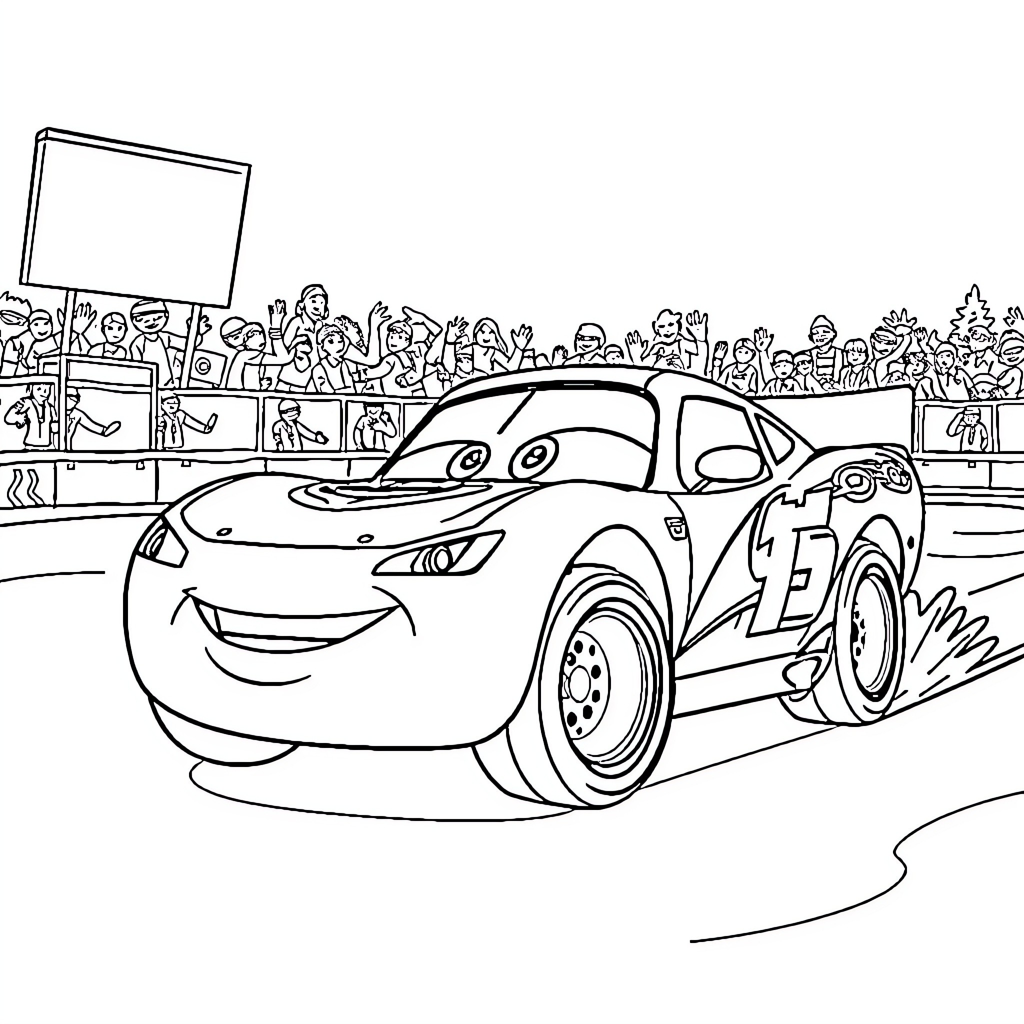 Lightning McQueen racing on the track with crowd Coloring Page (free black-and-white line drawing printable PDF for all, from beginners to advanced learners, including children, teens, adults, and seniors)