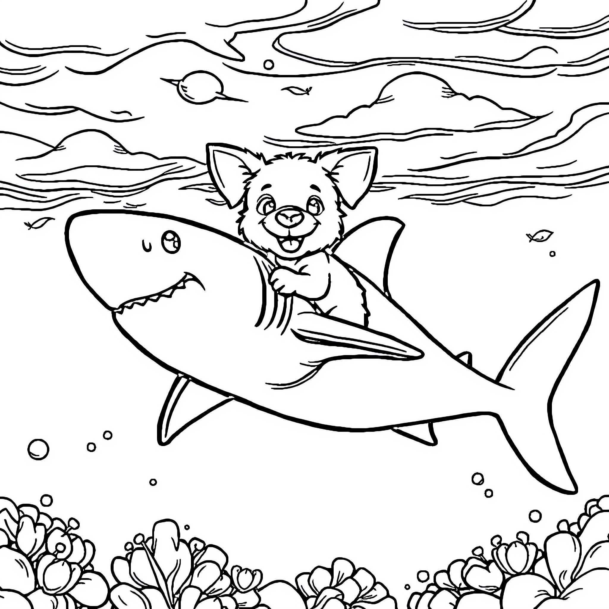 Dog riding a friendly shark in the ocean Coloring Page (free black-and-white line drawing printable PDF for all, from beginners to advanced learners, including children, teens, adults, and seniors)