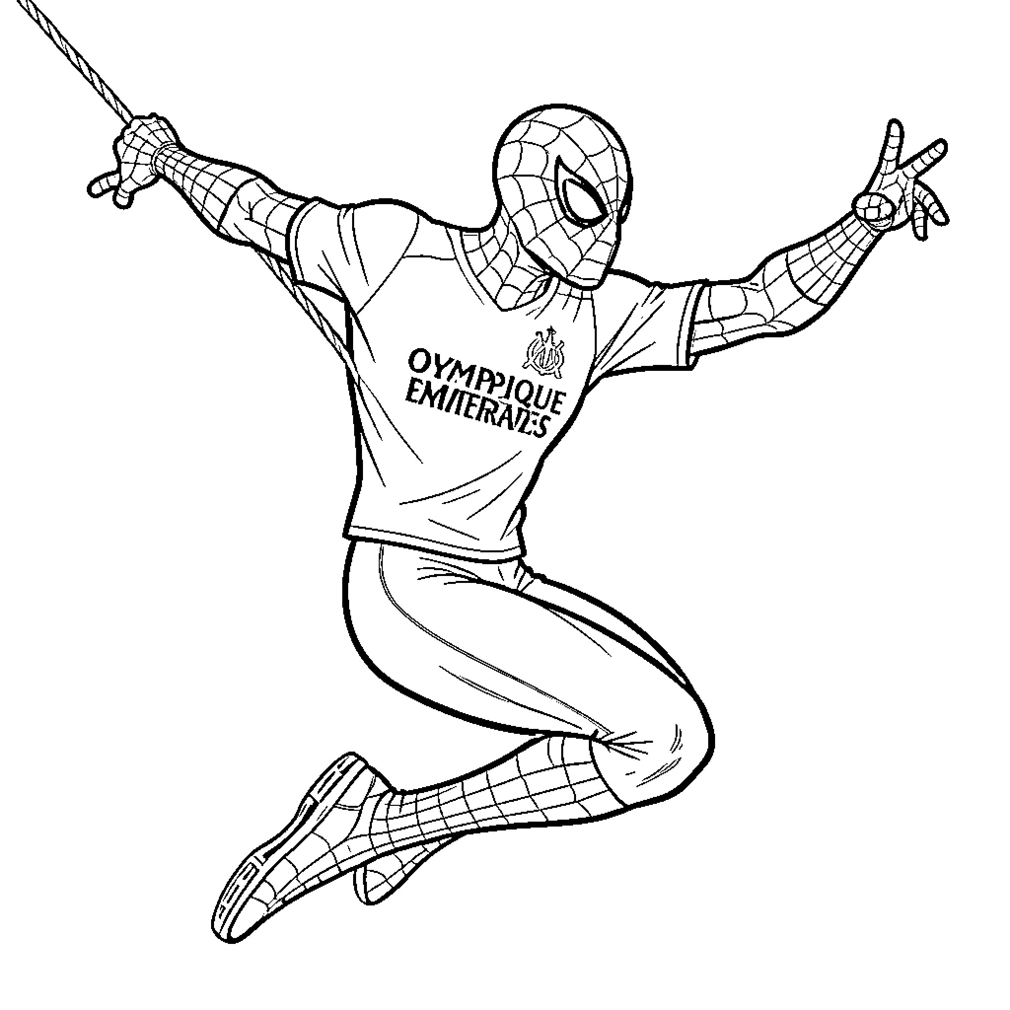 Spiderman swinging through the air in casual clothes Coloring Page (free black-and-white line drawing printable PDF for all, from beginners to advanced learners, including children, teens, adults, and seniors)