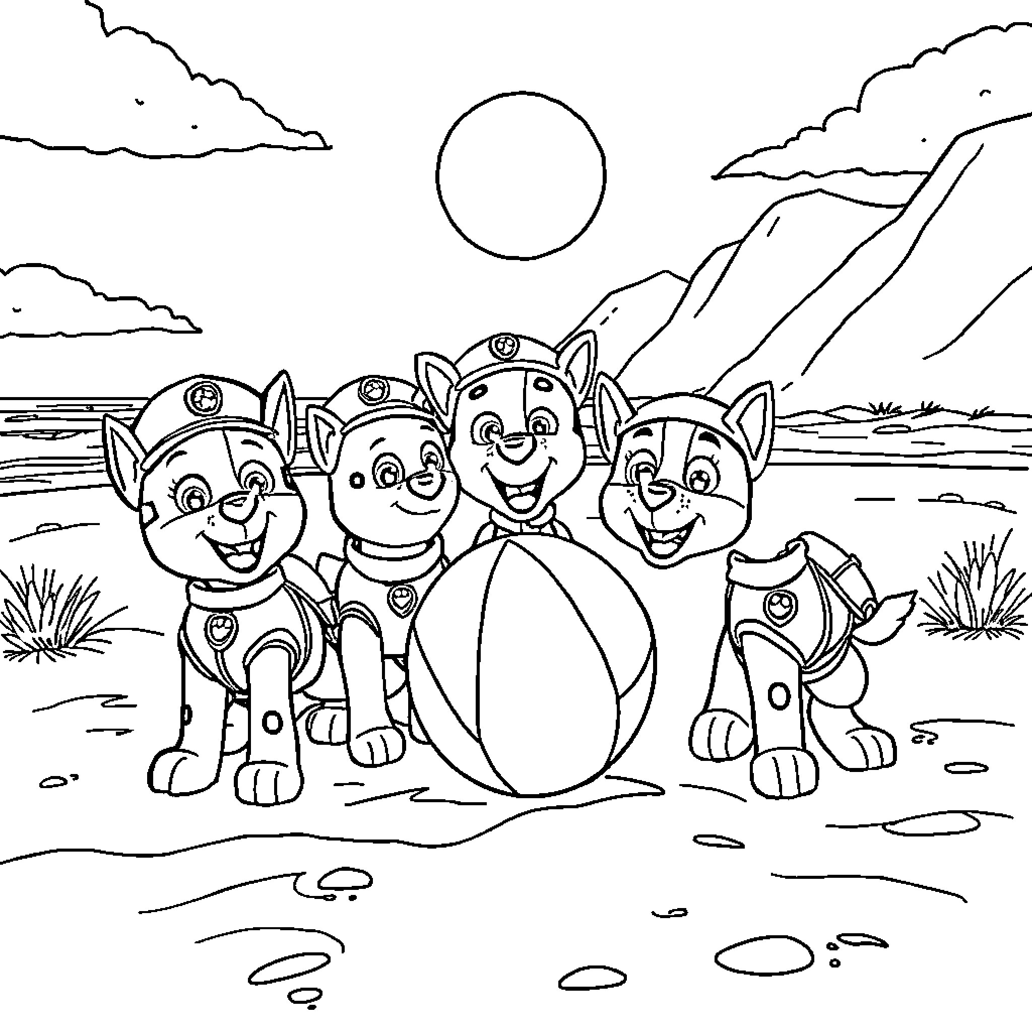 Snow Patrol of adorable pups in the wilderness Coloring Page (free black-and-white line drawing printable PDF for all, from beginners to advanced learners, including children, teens, adults, and seniors)