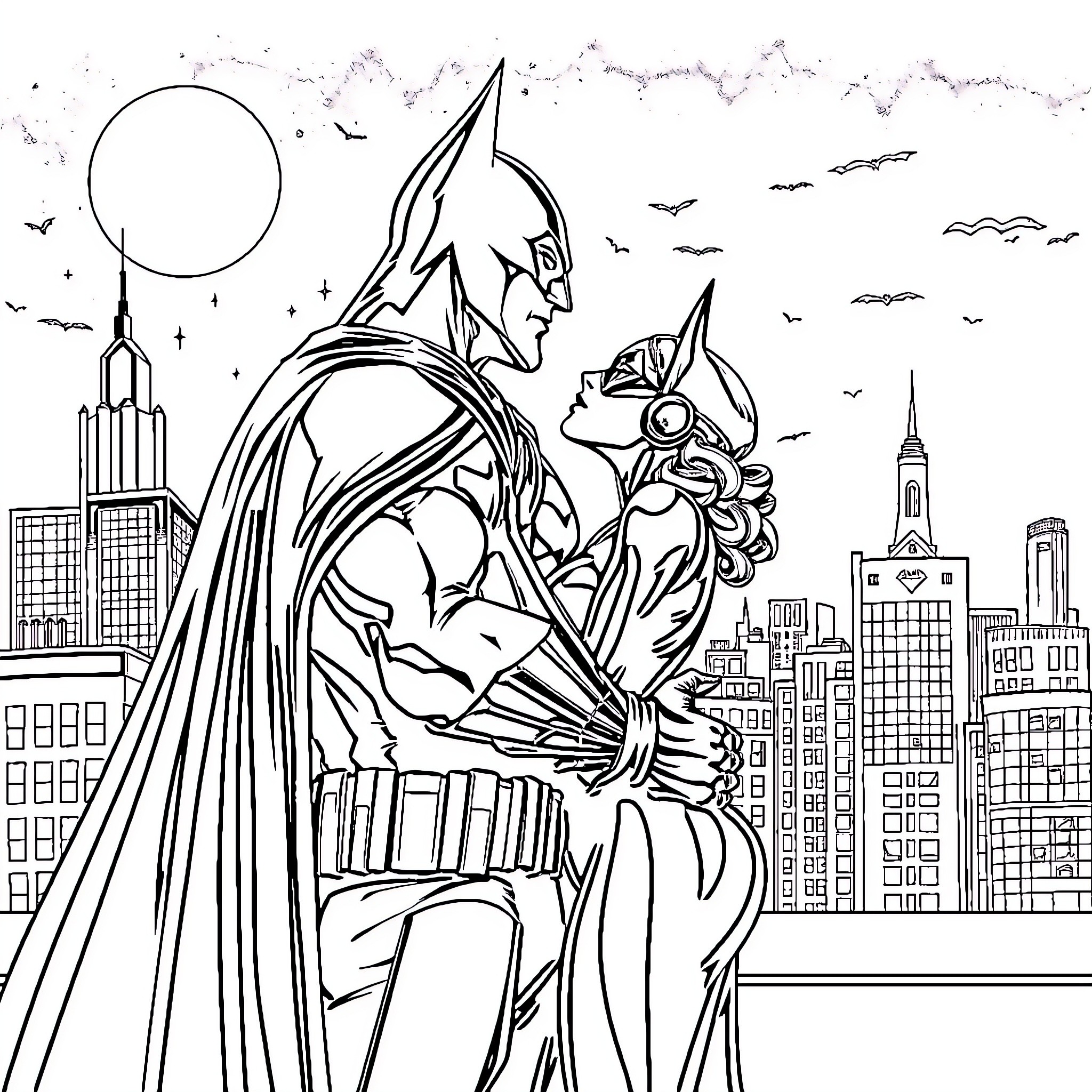 Batman and Catwoman soaring over the city skyline Coloring Page (free black-and-white line drawing printable PDF for all, from beginners to advanced learners, including children, teens, adults, and seniors)