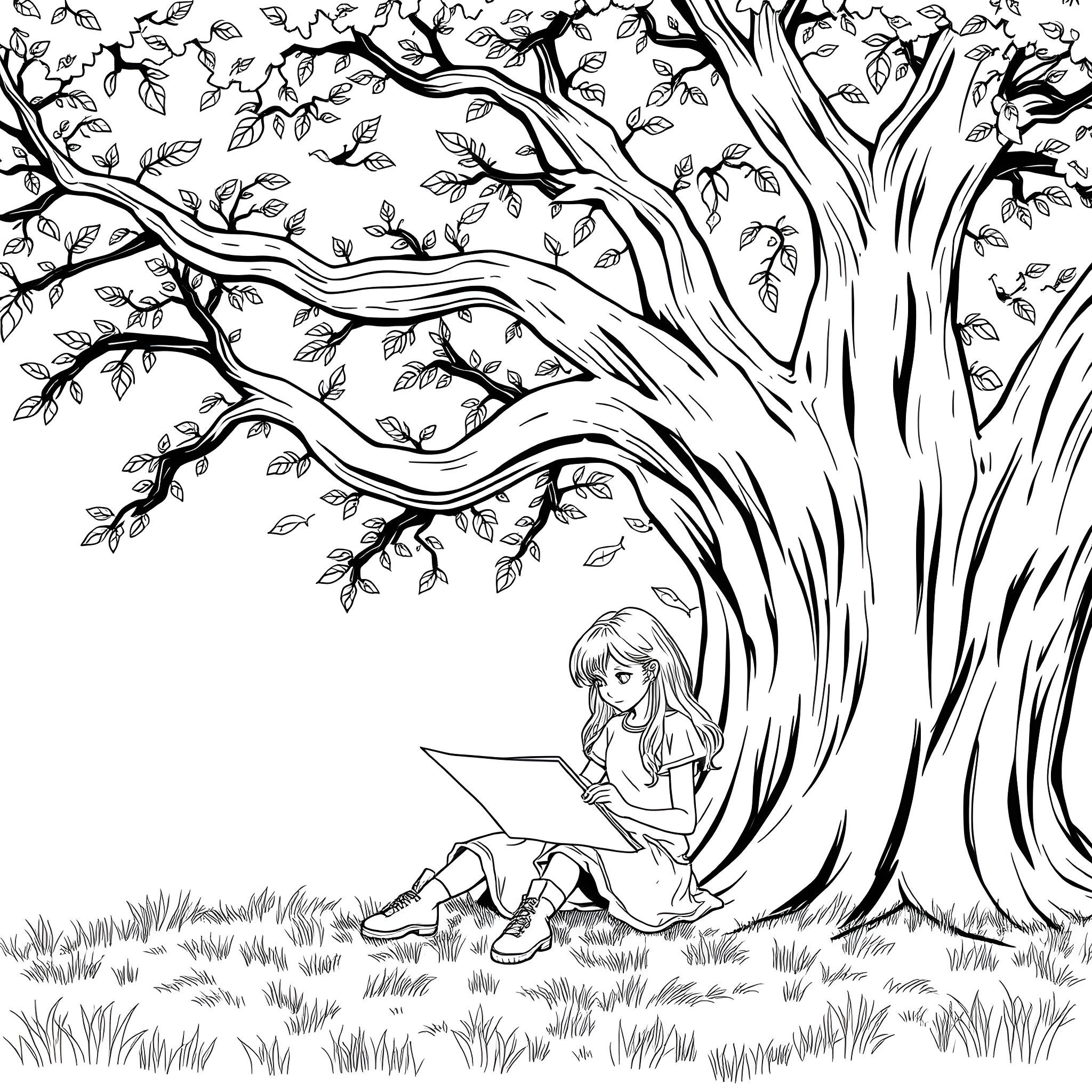 Camron Layla sits beneath a large, detailed tree reading a book Coloring Page (free black-and-white line drawing printable PDF for all, from beginners to advanced learners, including children, teens, adults, and seniors)