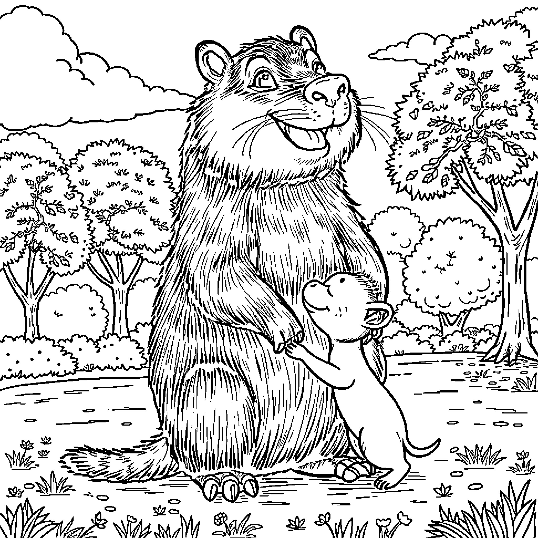 Capybara and Companion in Lush Woodland Scene Coloring Page (free black-and-white line drawing printable PDF for all, from beginners to advanced learners, including children, teens, adults, and seniors)