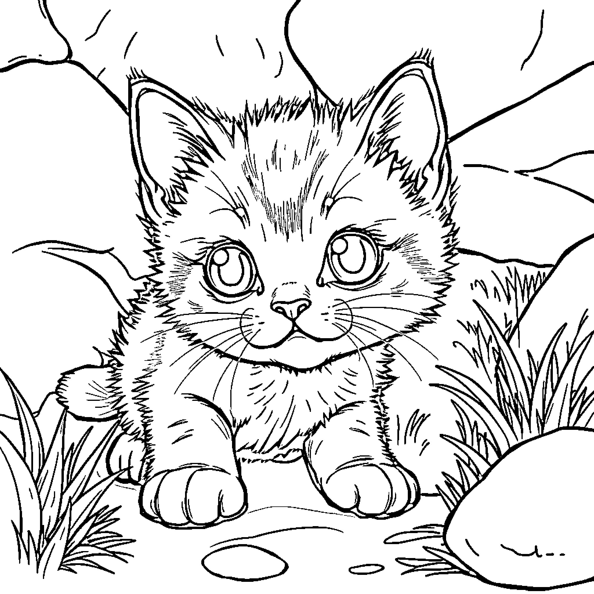 Cat enjoying nature in the grass Coloring Page (free black-and-white line drawing printable PDF for all, from beginners to advanced learners, including children, teens, adults, and seniors)